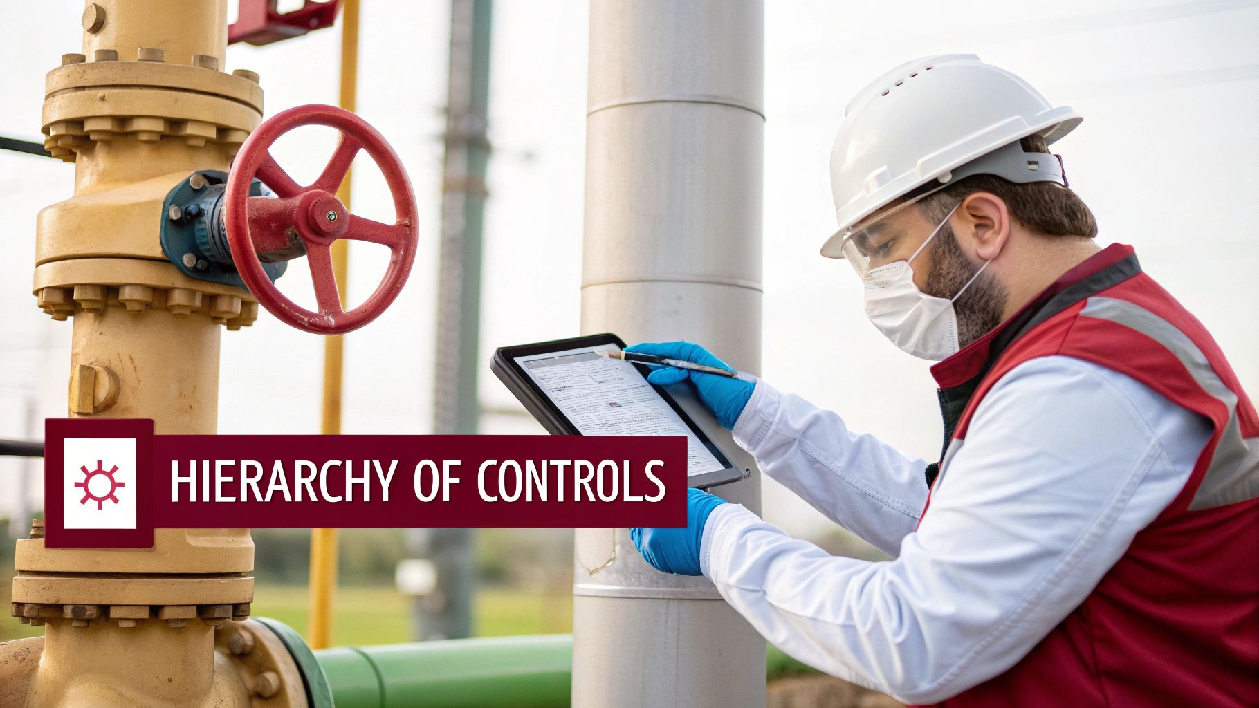 An industrial worker reviews safety data on a tablet, with large pipes and a valve in the background.