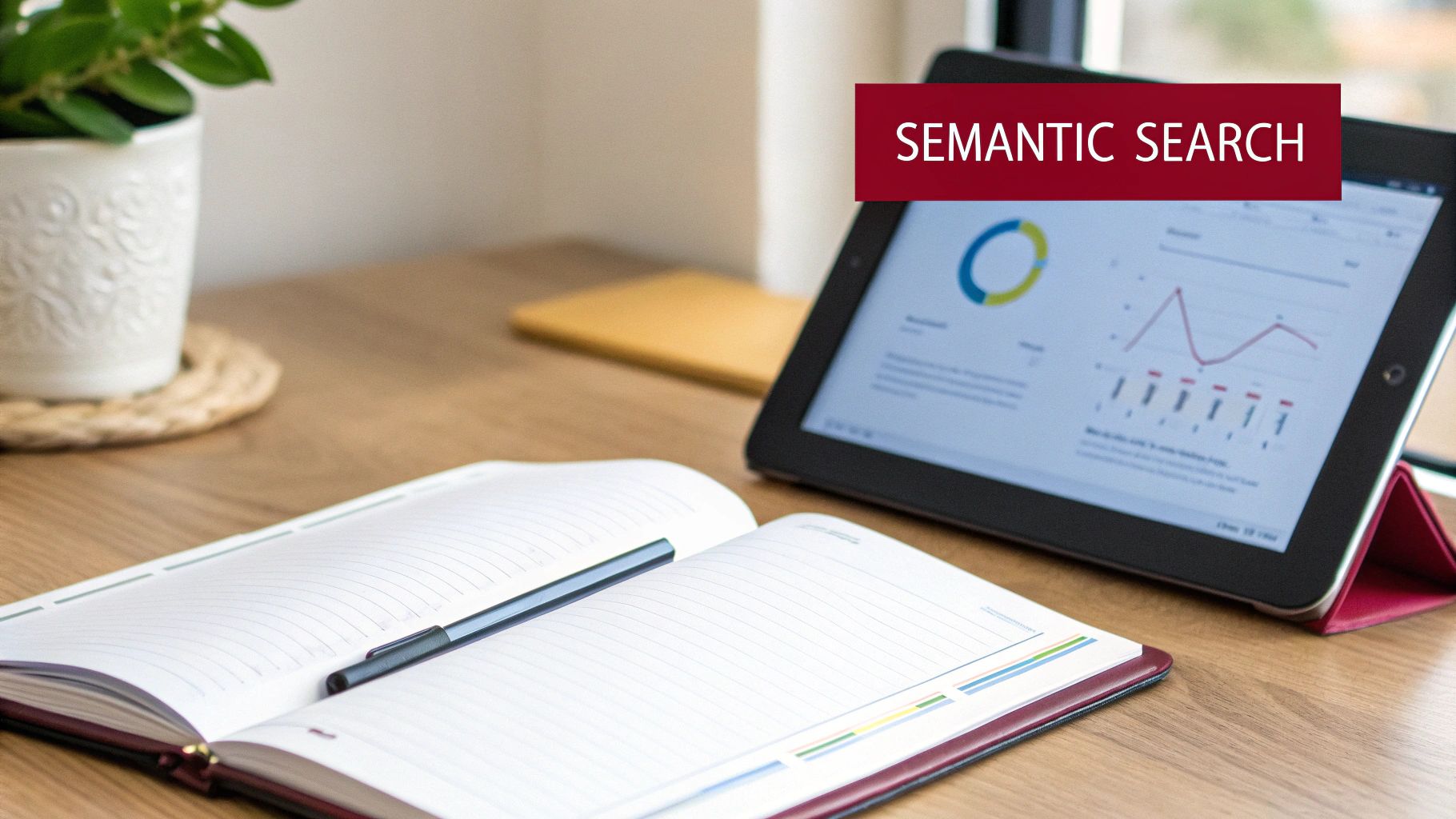 A desk with a tablet displaying data analytics and an open notebook, featuring a 'SEMANTIC SEARCH' banner.