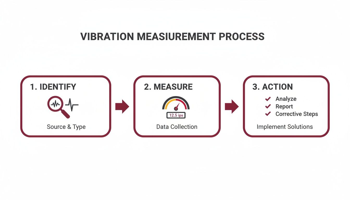 Flowchart detailing a three-step vibration measurement process including identifying, measuring, and taking action.