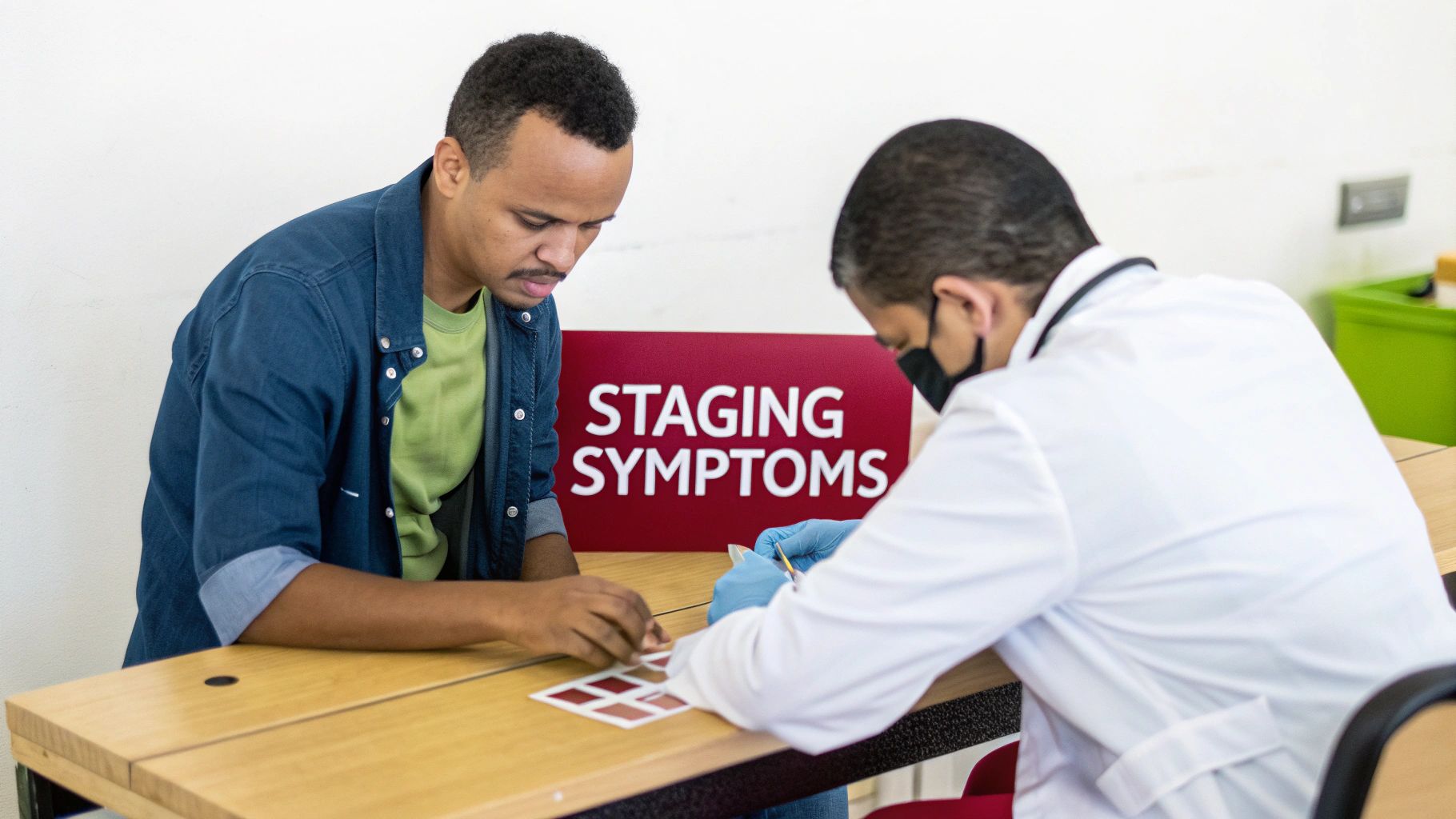 A medical professional in a mask and gloves assists a patient looking at symptom cards on a table, with a 'STAGING SYMPTOMS' sign visible.