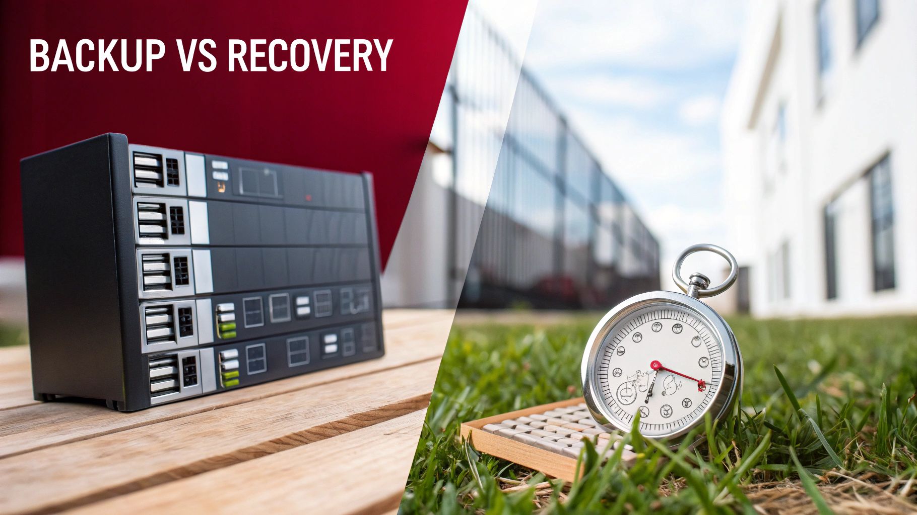A split image contrasting backup vs recovery, featuring server equipment and a stopwatch.