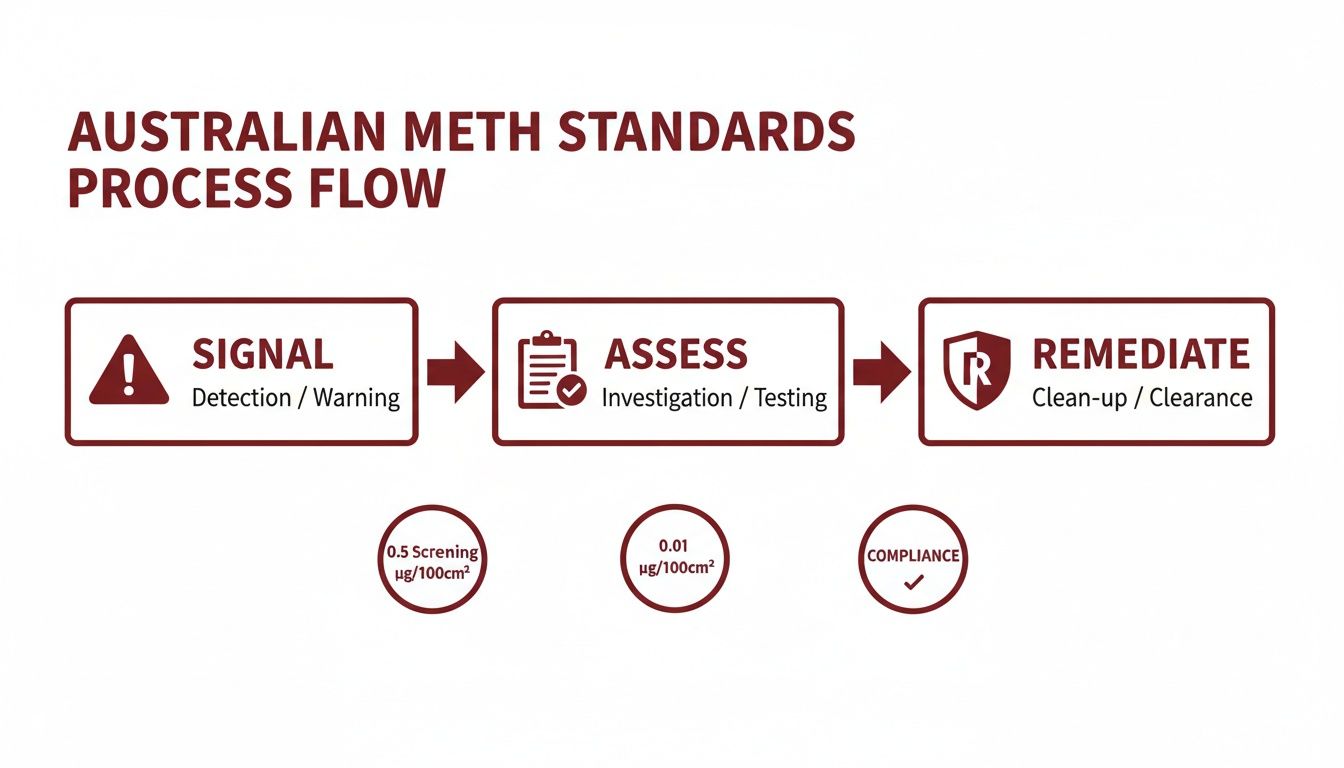 Flowchart detailing Australian meth standards process: Signal, Assess, Remediate, with associated screening levels.