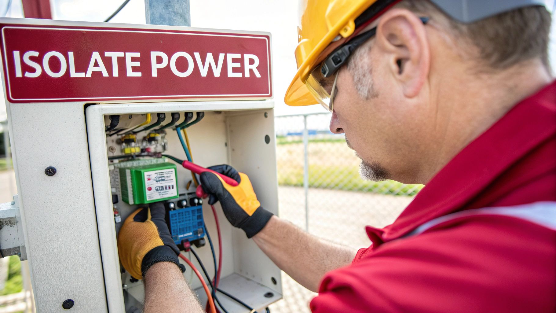 An electrician in safety gear working on an open electrical panel with an "ISOLATE POWER" sign.
