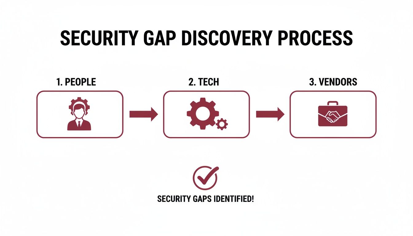 Security gap discovery process diagram illustrates identifying vulnerabilities through people, technology, and vendors.