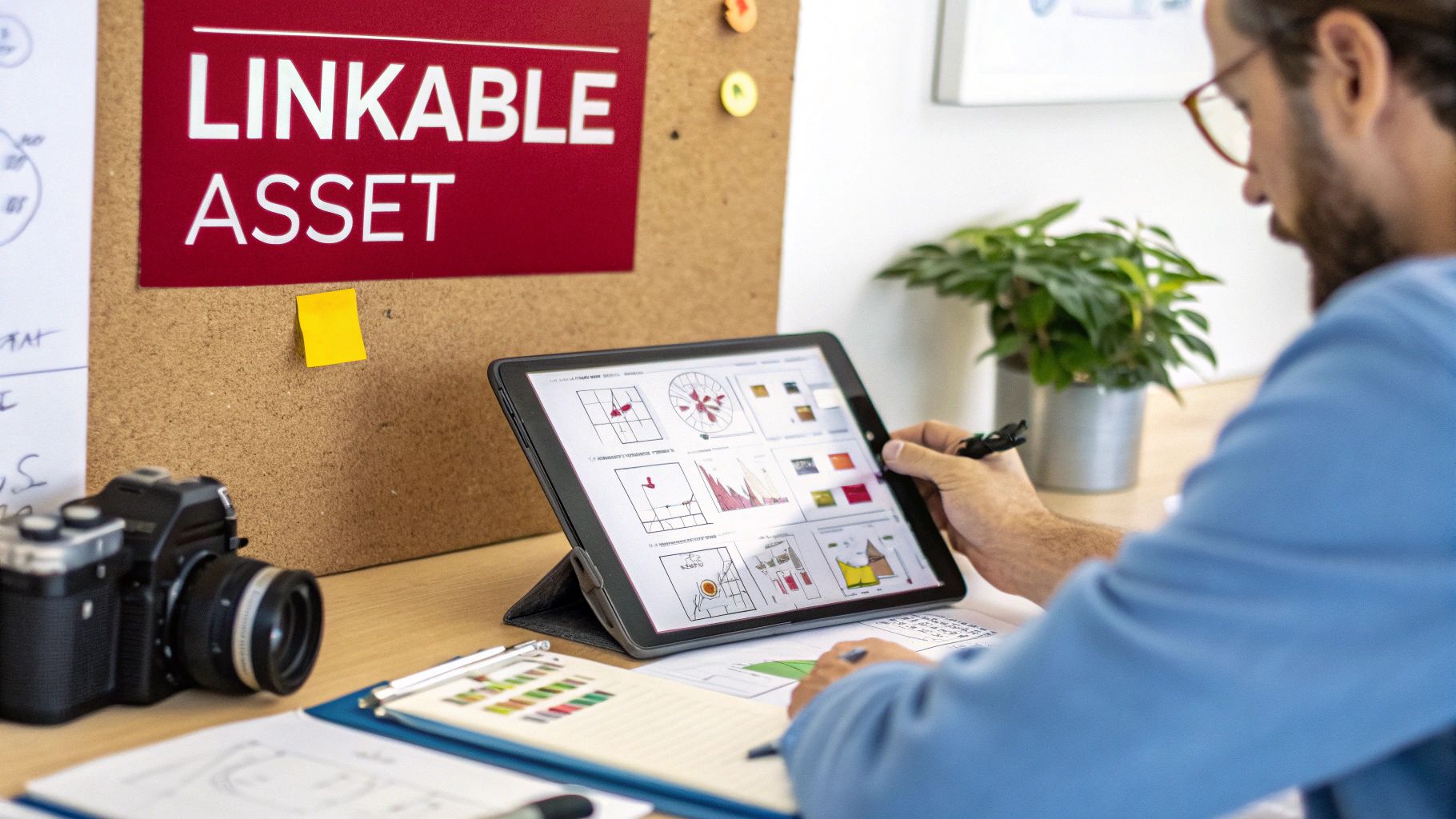 A person works on a tablet displaying data charts, next to a 'LINKABLE ASSET' sign on a cork board.