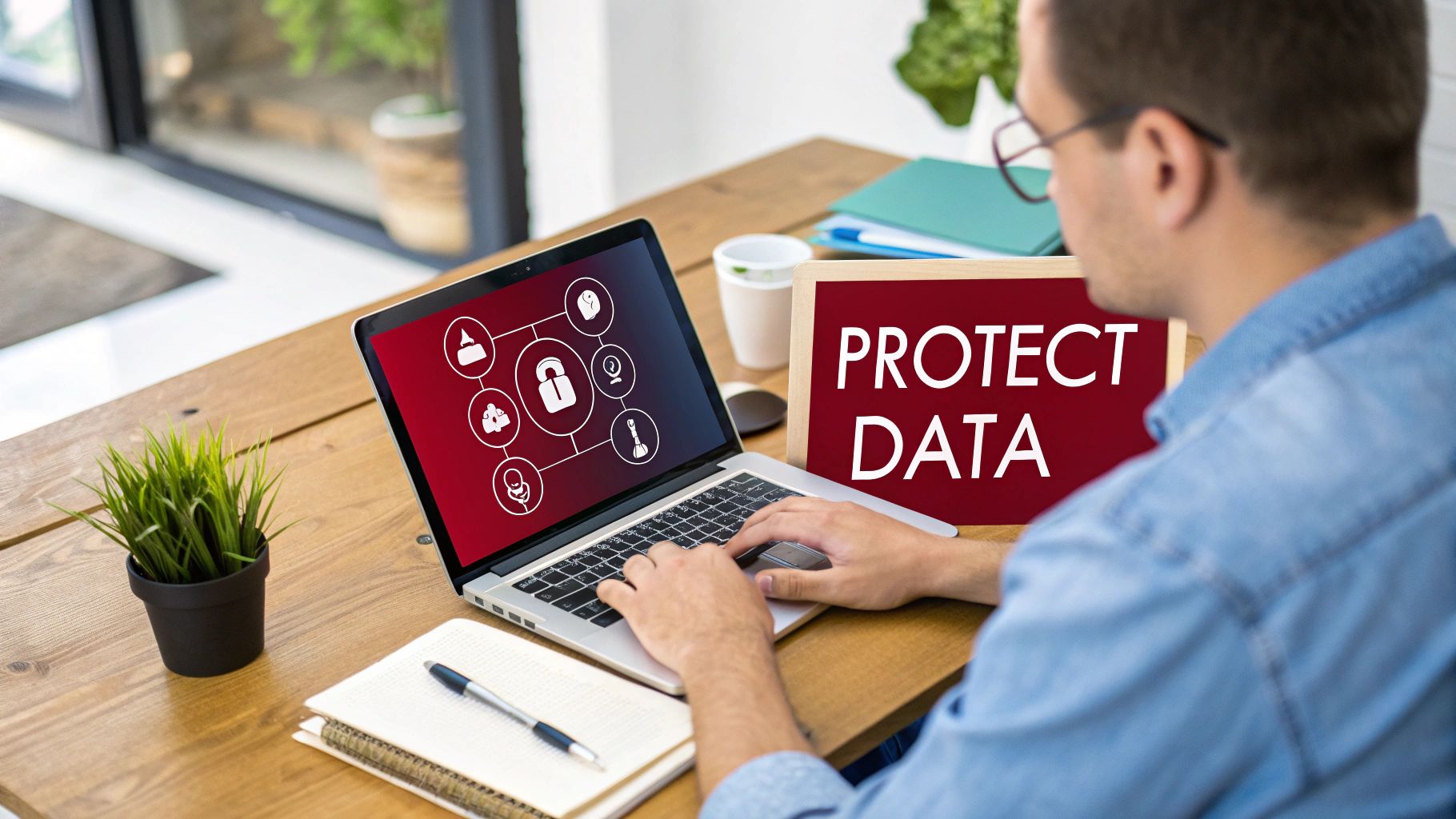 A man works on a laptop displaying data protection icons, with a 'PROTECT DATA' sign nearby.