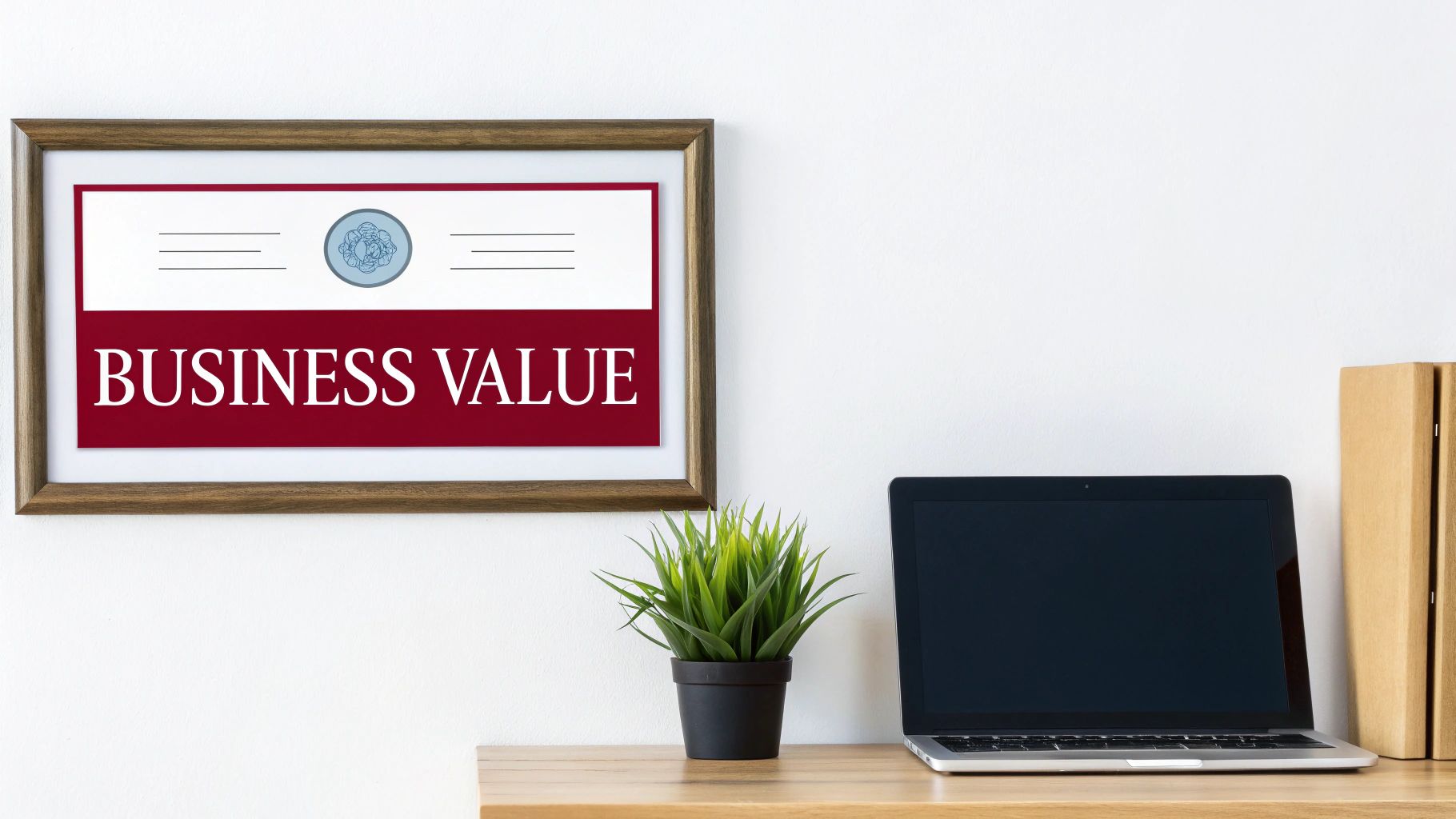 A framed sign saying 'BUSINESS VALUE' hangs on a white wall above a wooden desk with a laptop, plant, and files.