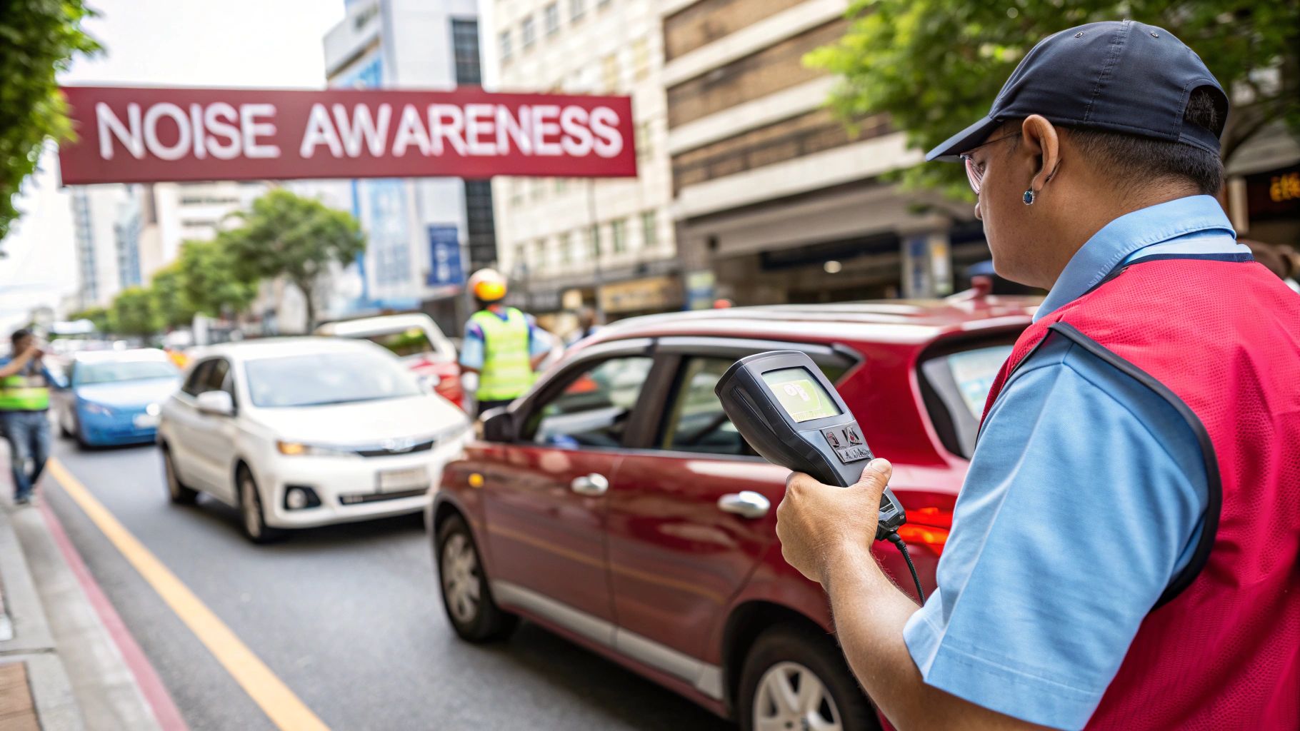 A person using a sound level meter to conduct environmental noise measurement outdoors