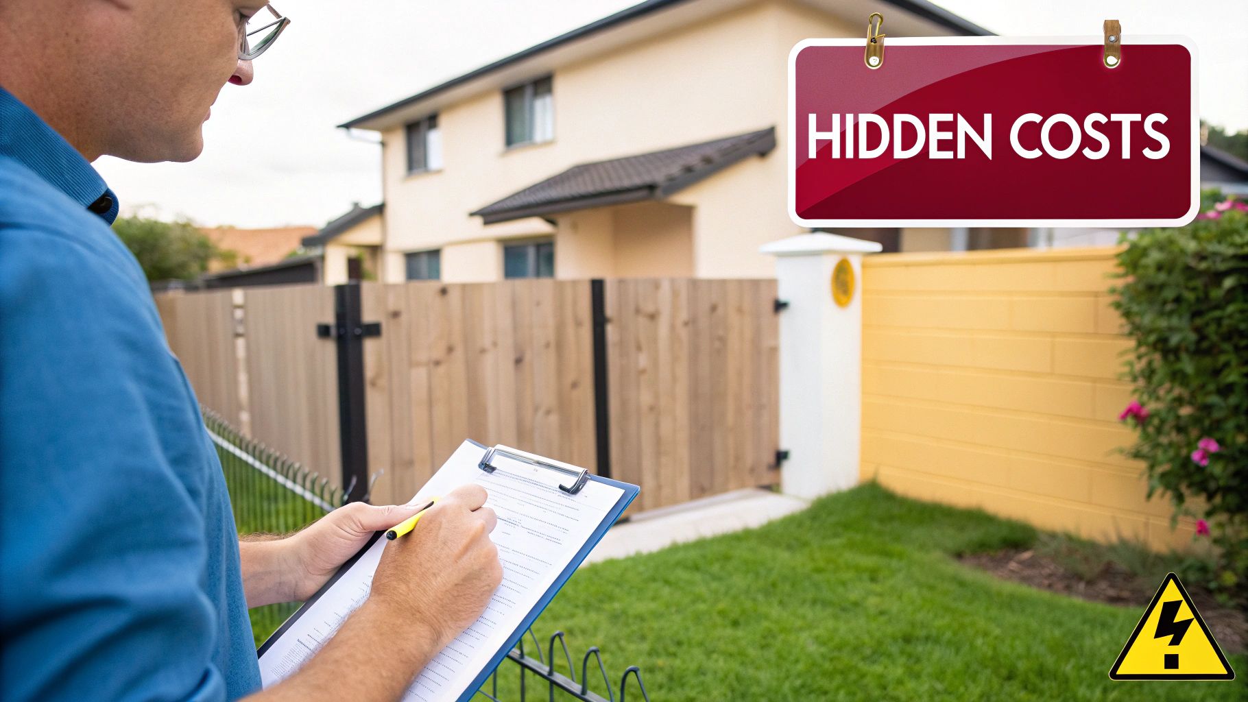 A man inspects a property with a 'Hidden Costs' sign and an electrical warning symbol, representing the need for insurance policy audits for drug-related property damage.