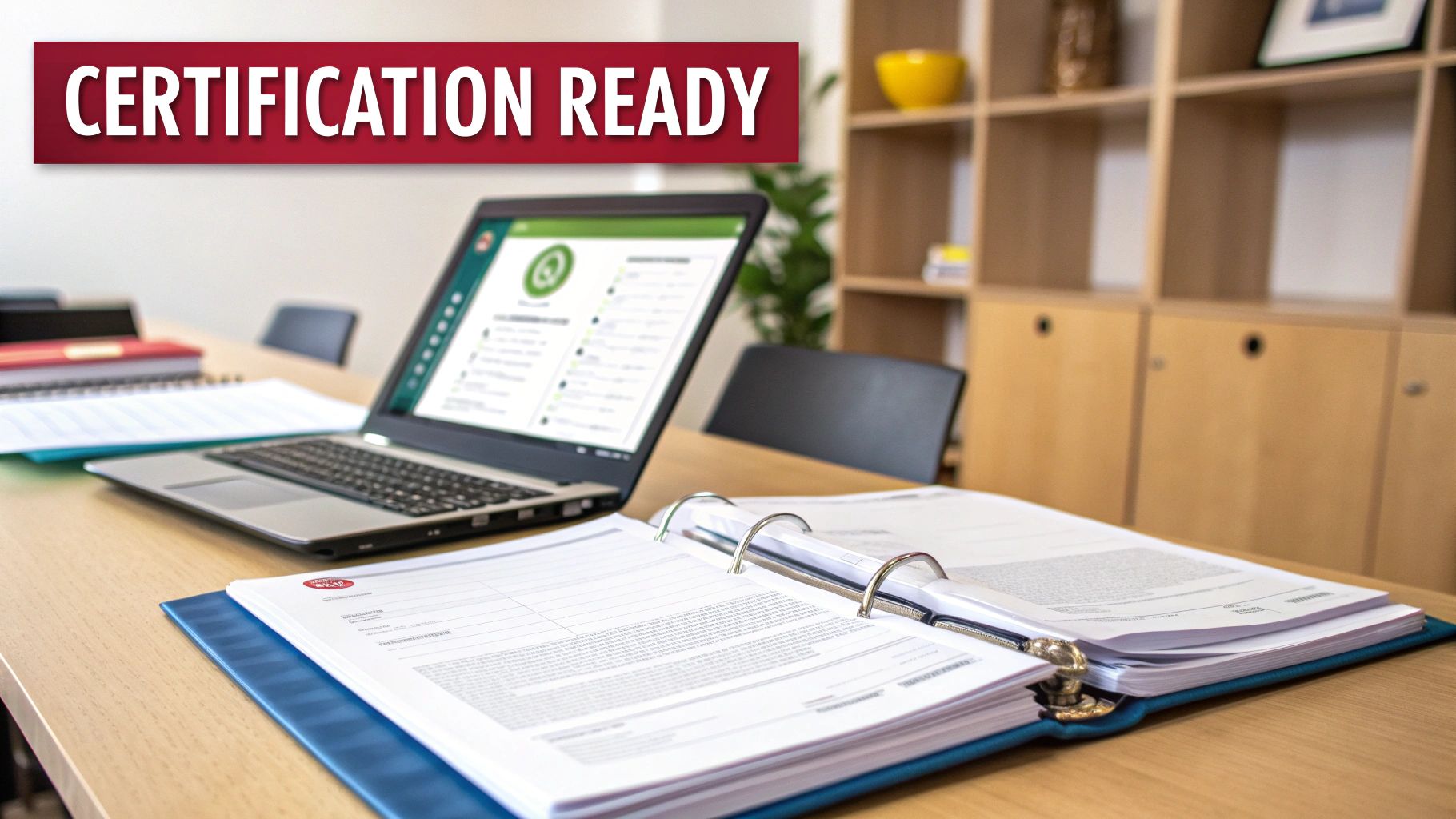 A desk with an open laptop showing a profile, an open binder with documents, and a 'CERTIFICATION READY' banner.
