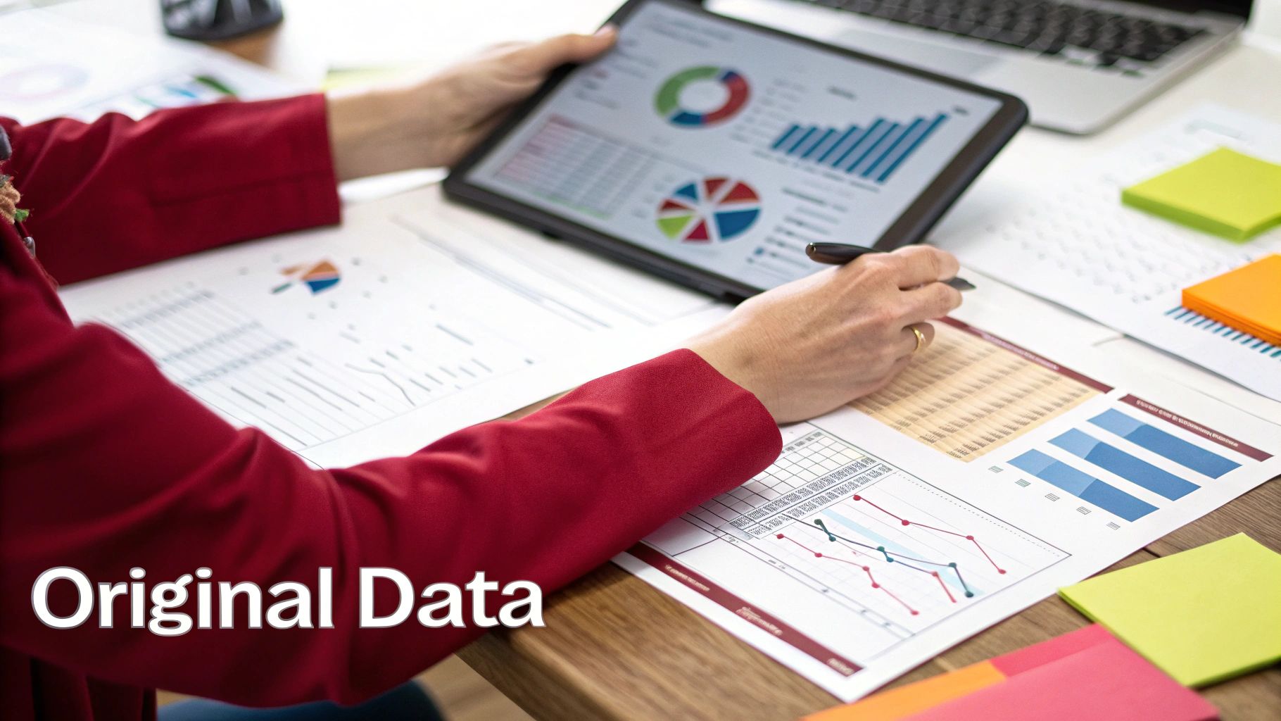 Person in red blazer analyzing business data on a tablet and paper charts with a pen.