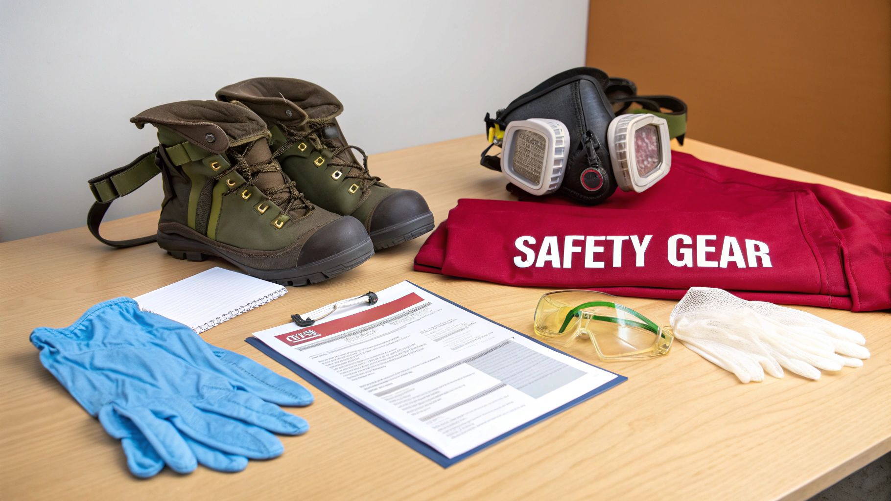 A collection of essential safety gear including boots, a respirator, safety glasses, and various gloves on a wooden table.