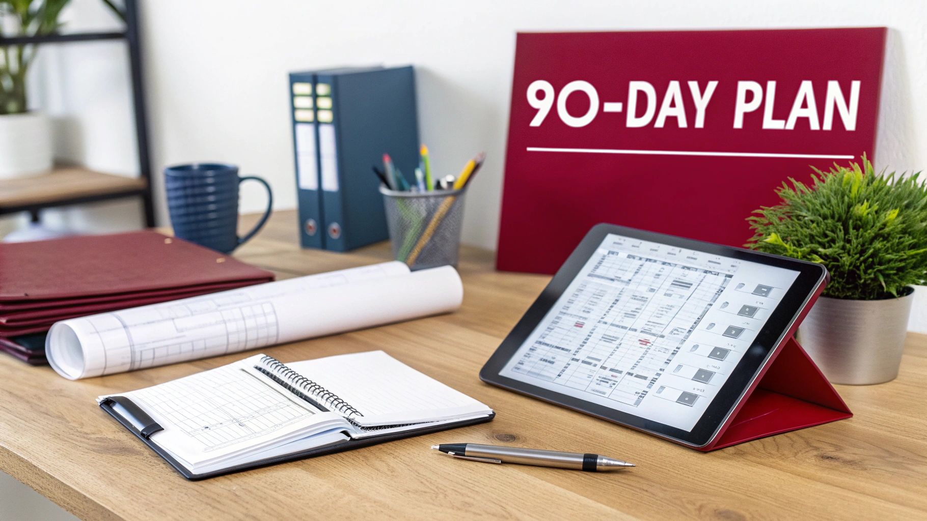 A desk with a '90-DAY PLAN' board, tablet, notebooks, and documents, symbolizing business planning.