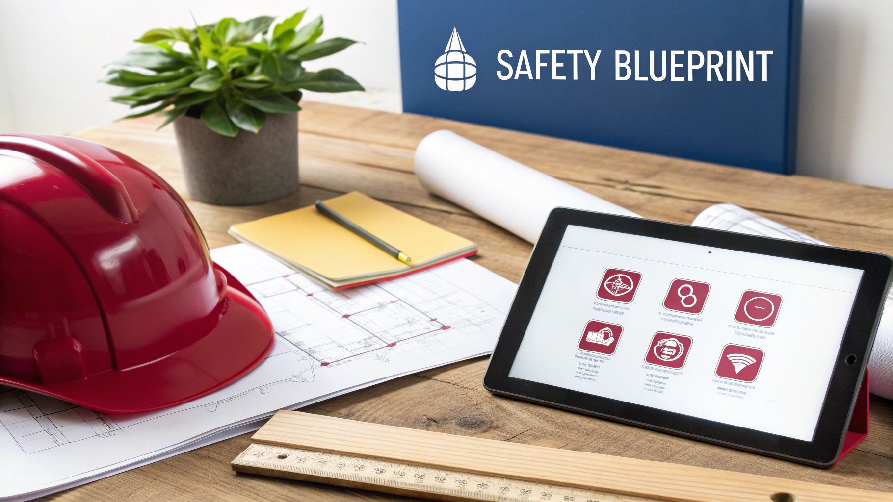 A construction worker's desk with a red hard hat, blueprints, a tablet, and a 'Safety Blueprint' folder.