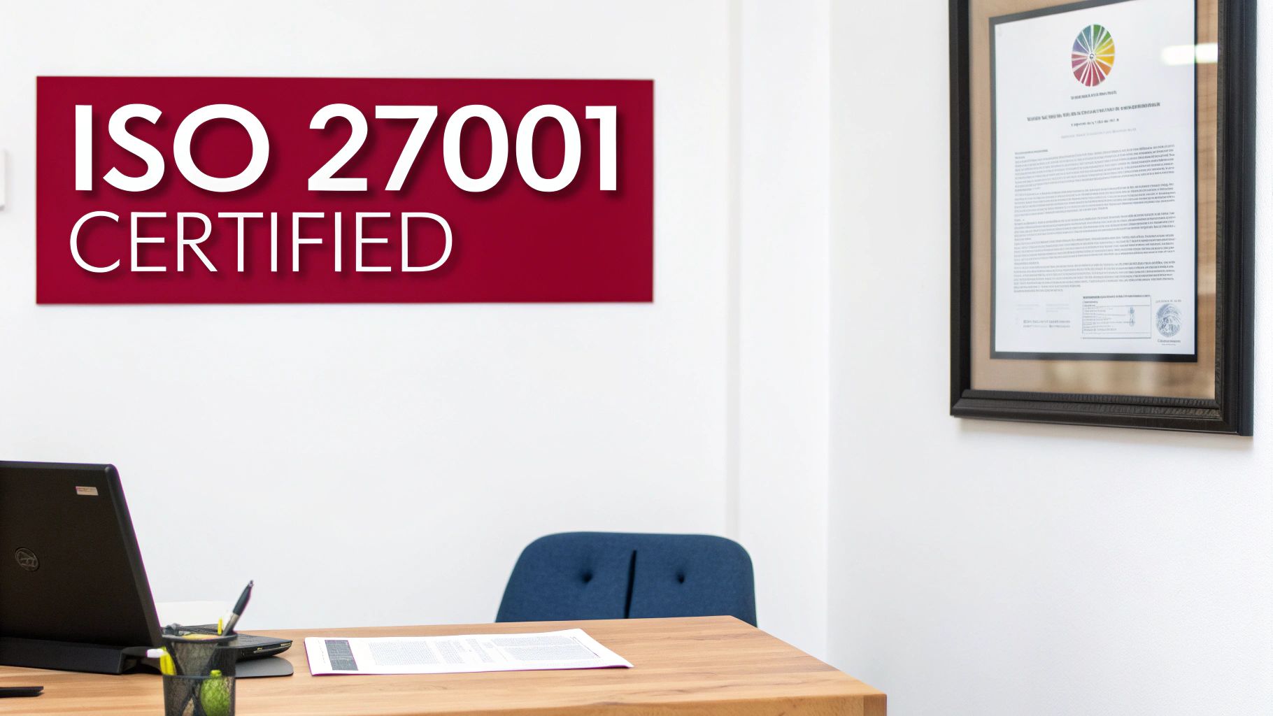 A business professional holding a magnifying glass over a digital security lock, symbolising the detailed inspection required for an ISO 27001 certificate.