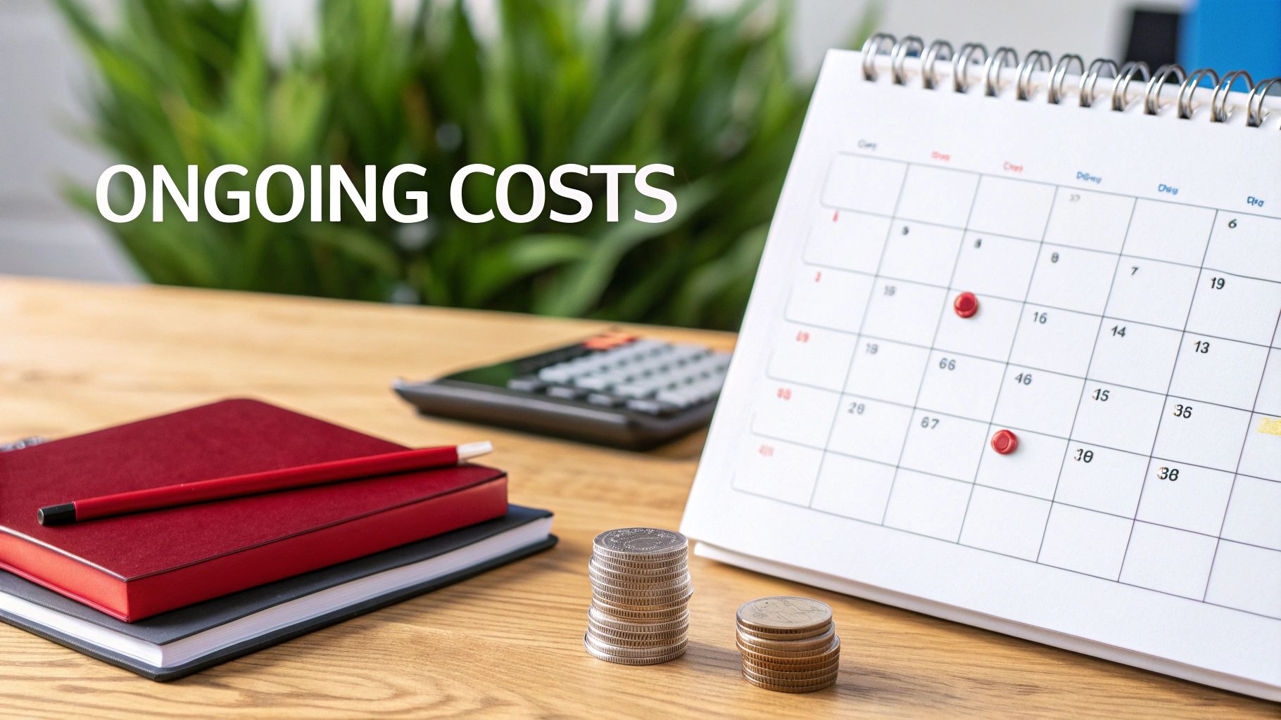 A desk with a calendar, calculator, stacks of coins, and notebooks, with 'ONGOING COSTS' text overlay.