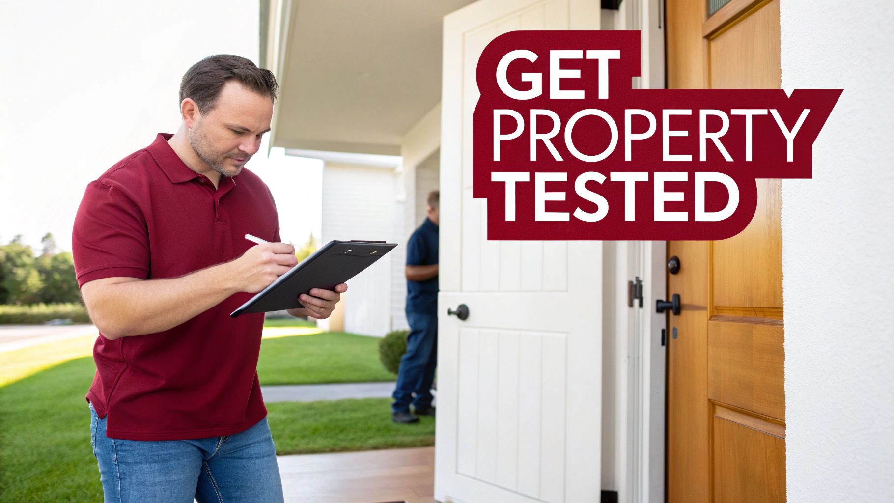 A man in a red polo shirt writes on a clipboard, with a 'GET PROPERTY TESTED' sign.