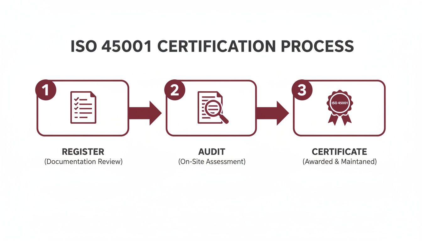An infographic detailing the three-step ISO 45001 certification process: Register, Audit, and Certificate.
