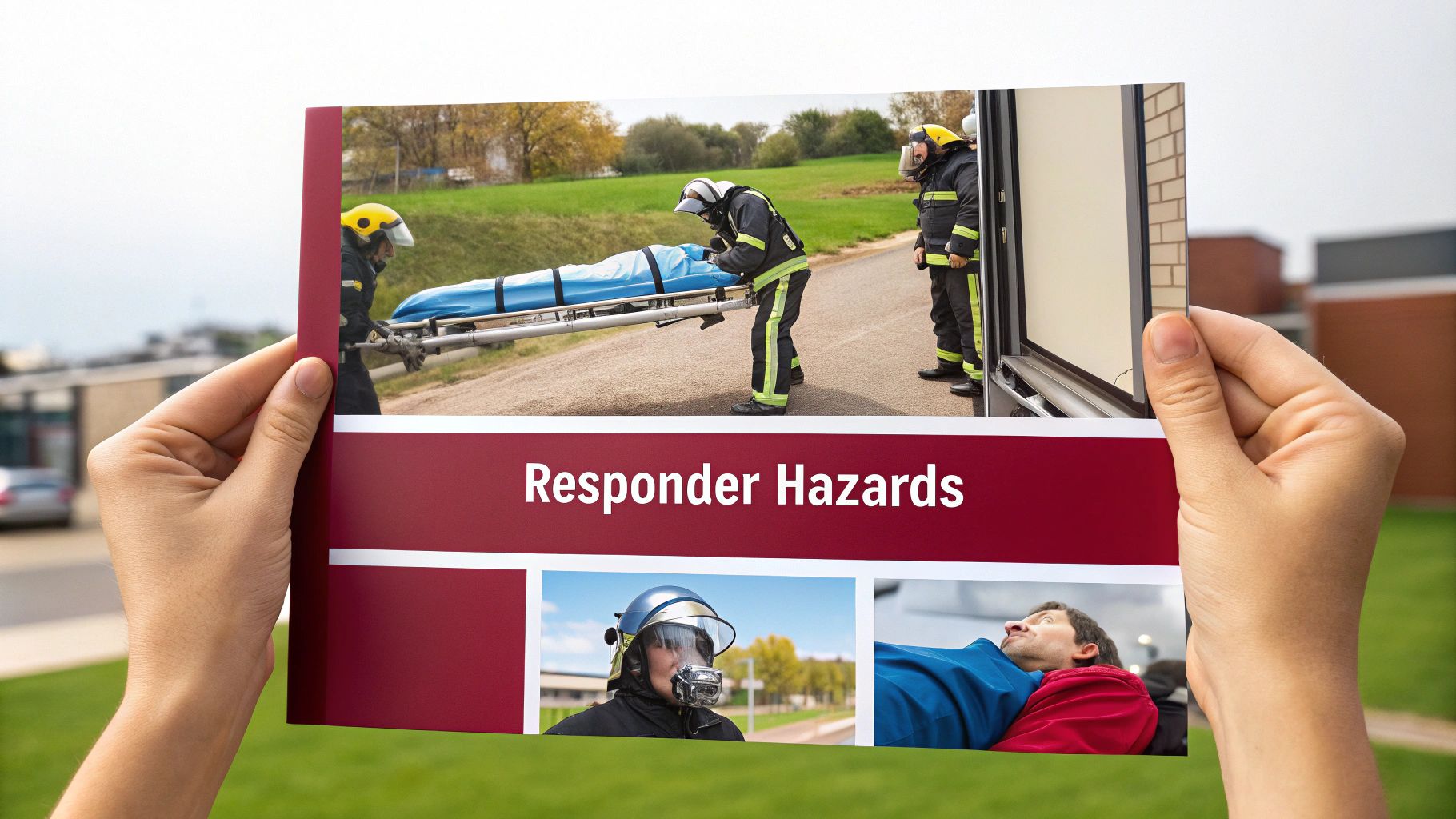 Hands hold a brochure titled 'Responder Hazards' displaying firefighters attending to a patient.