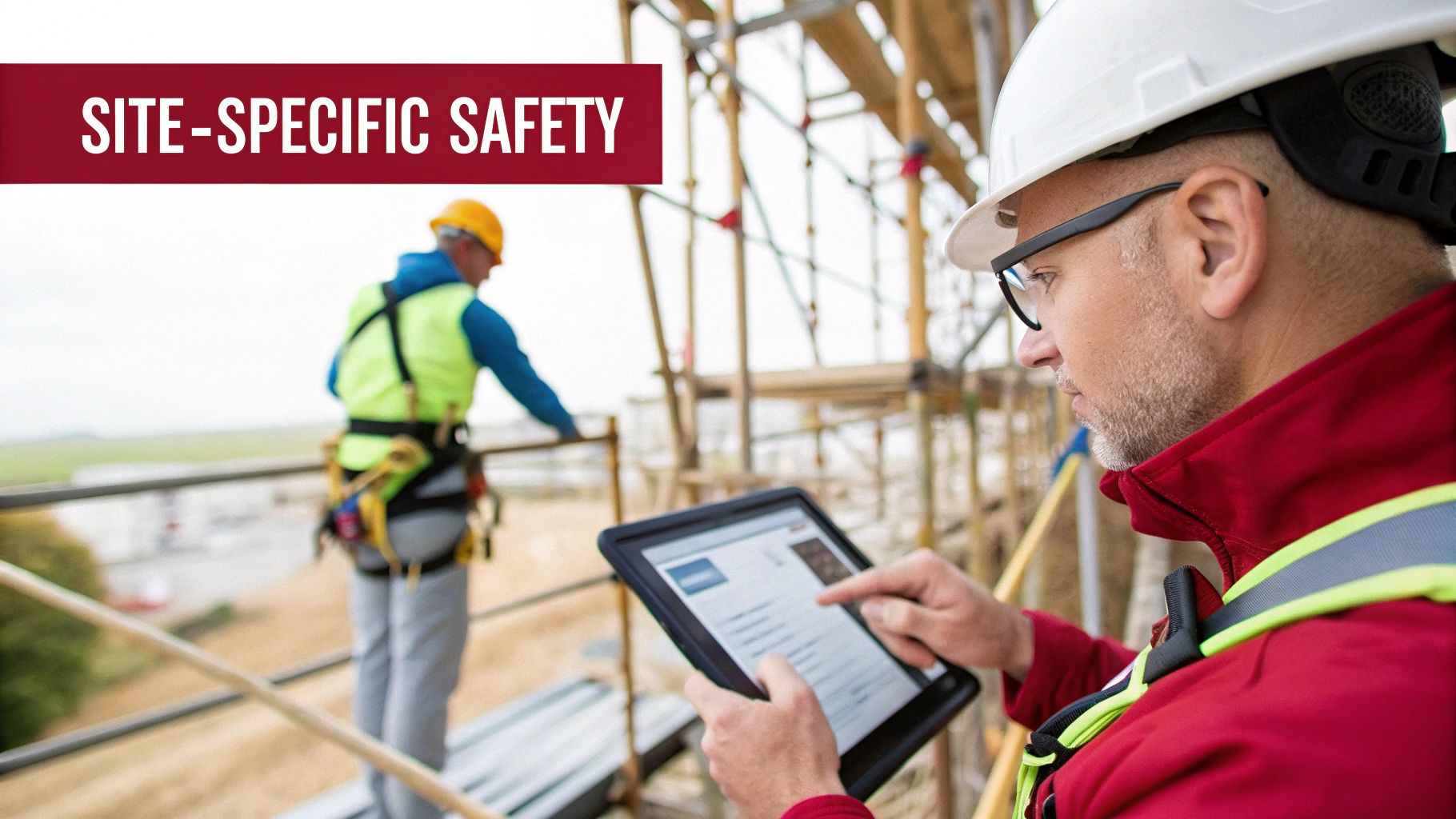 A construction worker in a hard hat and safety vest reviews site-specific safety plans on a tablet at a construction site.