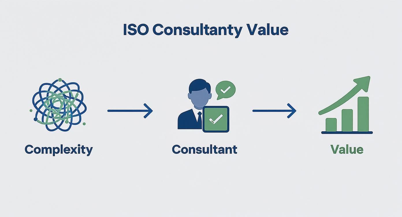Diagram showing an ISO consultant transforming business complexity into increased value and growth.