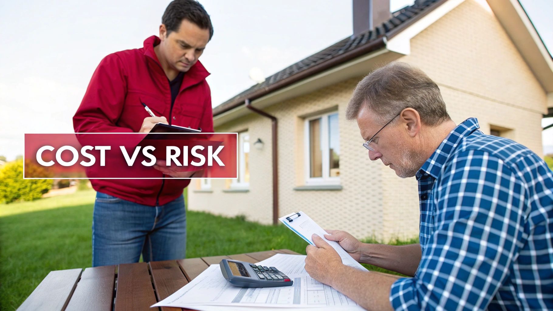 Two men reviewing documents and a calculator outside a house, with a 'COST VS RISK' banner.