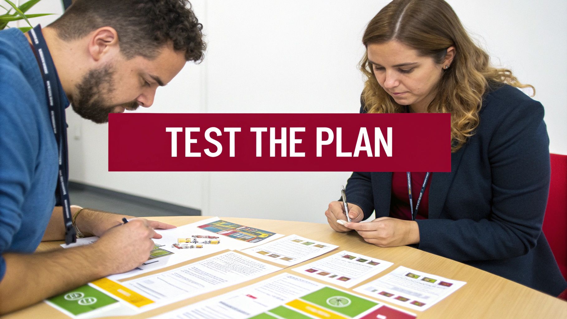 Two professionals reviewing documents at a table, with a 'TEST THE PLAN' banner.