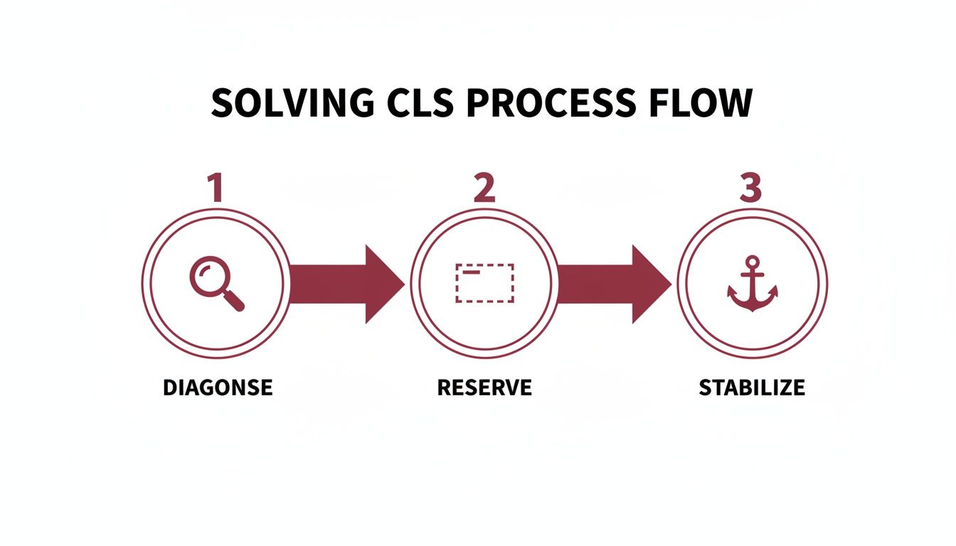 Process flow illustrating three steps to solve CLS: Diagnose, Reserve, and Stabilize, with icons.