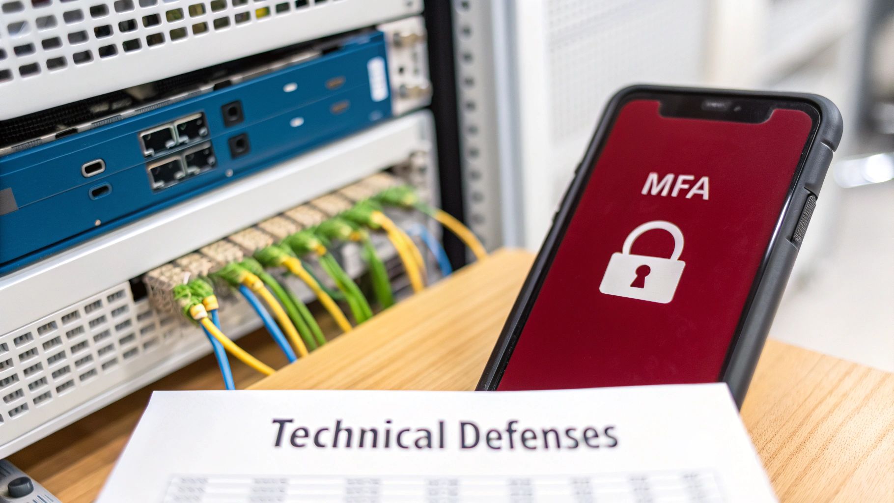 A smartphone displaying 'MFA' and a lock icon sits beside server equipment and a document.