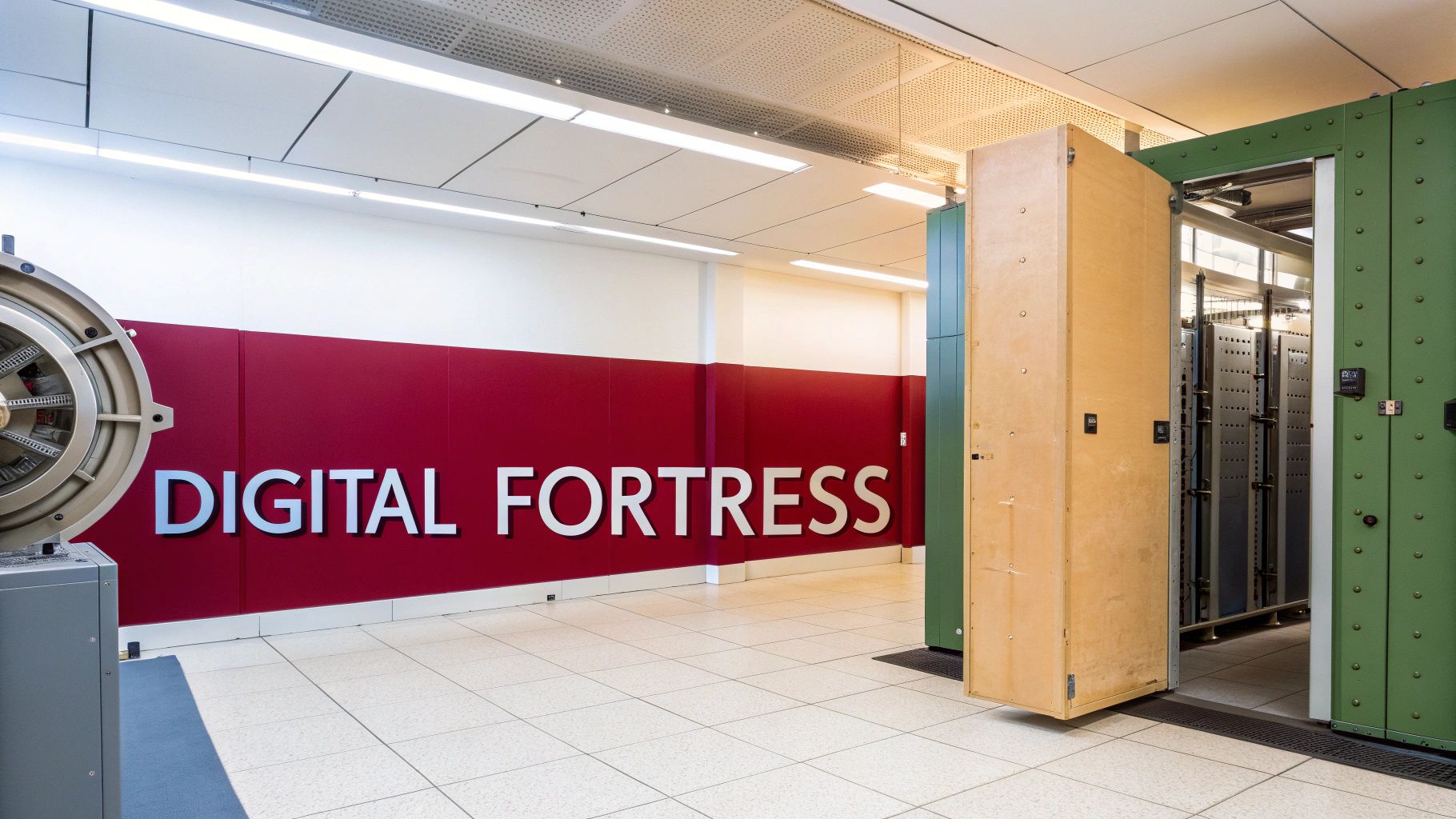 Interior of a secure data center with 'Digital Fortress' sign and large server cabinets.