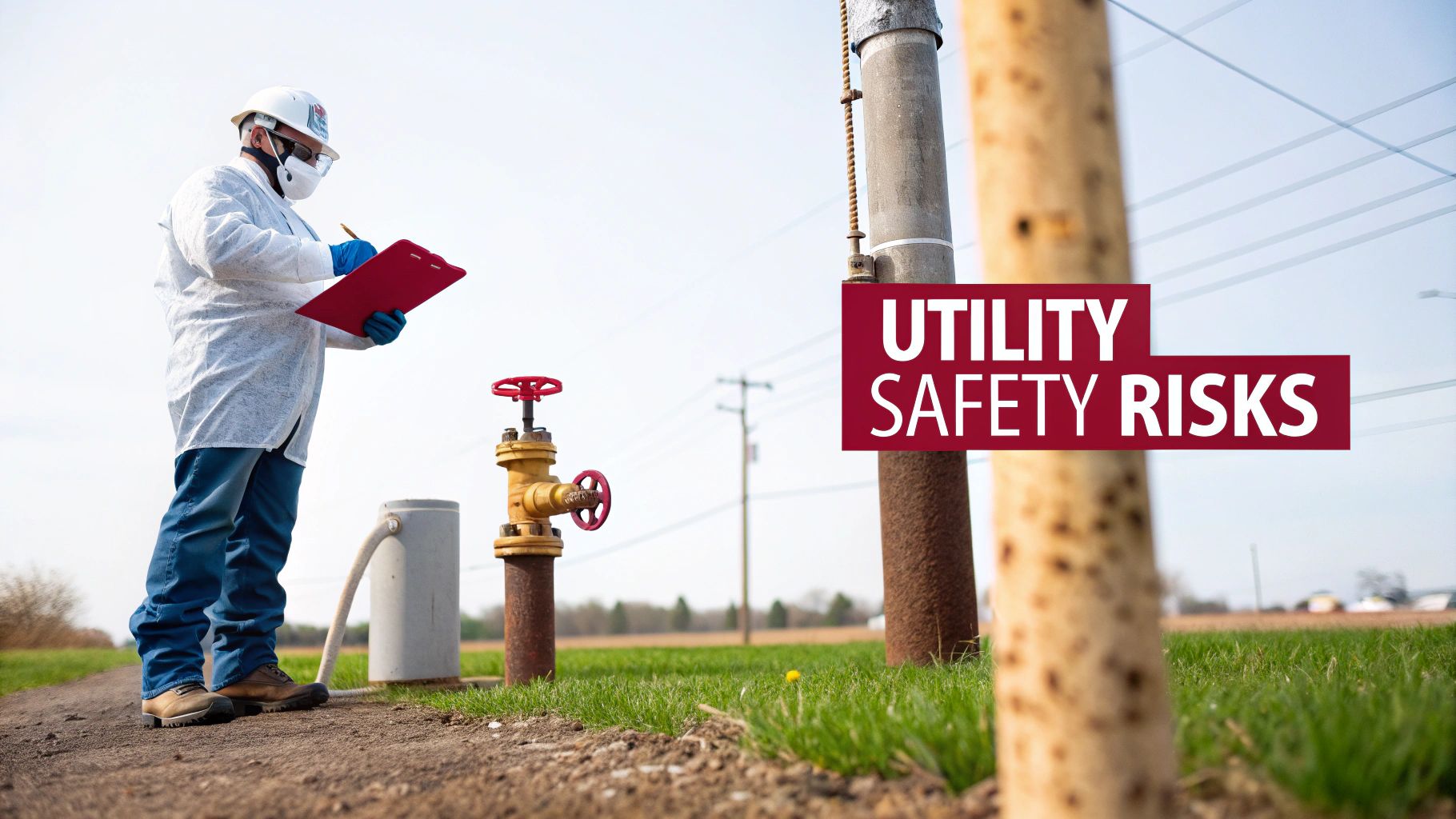 A worker in protective gear reviews documents next to a yellow utility valve, emphasizing safety.