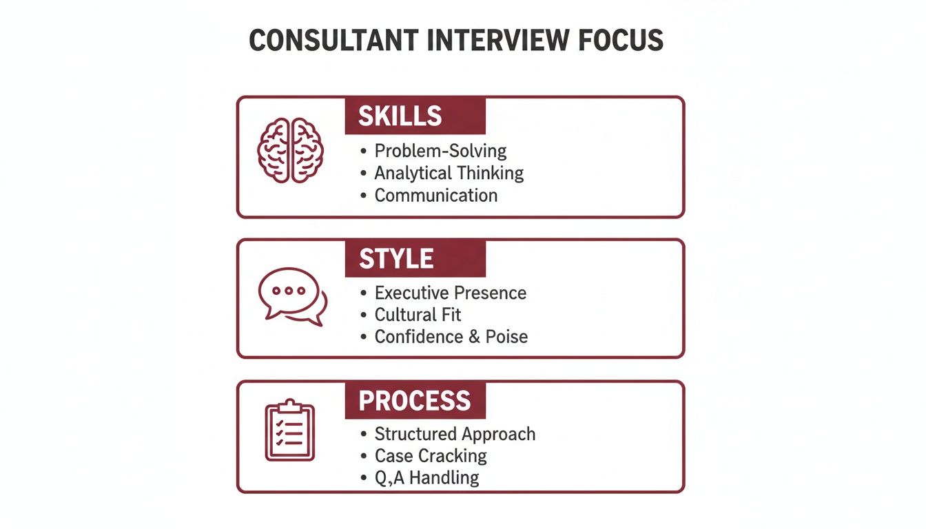 Infographic detailing consultant interview focus areas: skills, style, and process, with specific examples.