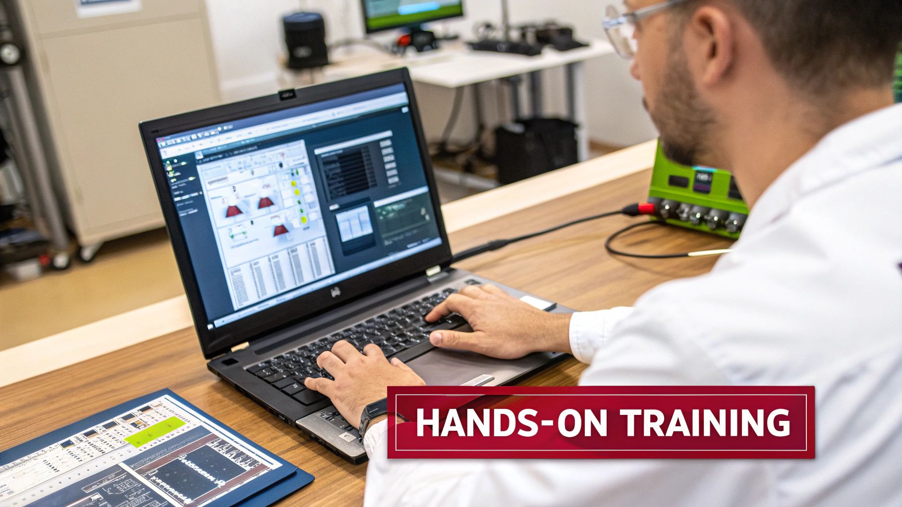 A person in a lab coat uses a laptop with a technical interface during hands-on training.