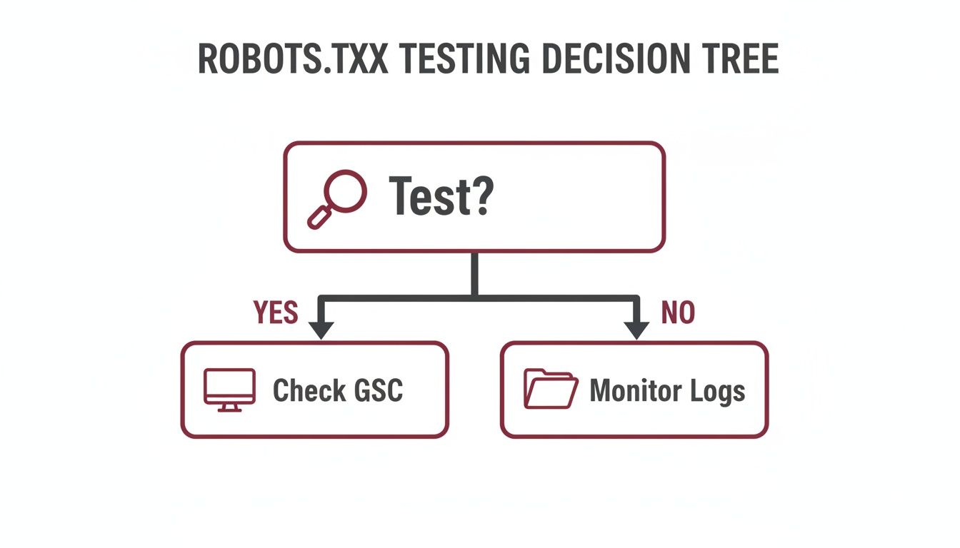 A robots.txt testing decision tree illustrating options: 'Test?' leading to 'Check GSC' (Yes) or 'Monitor Logs' (No).