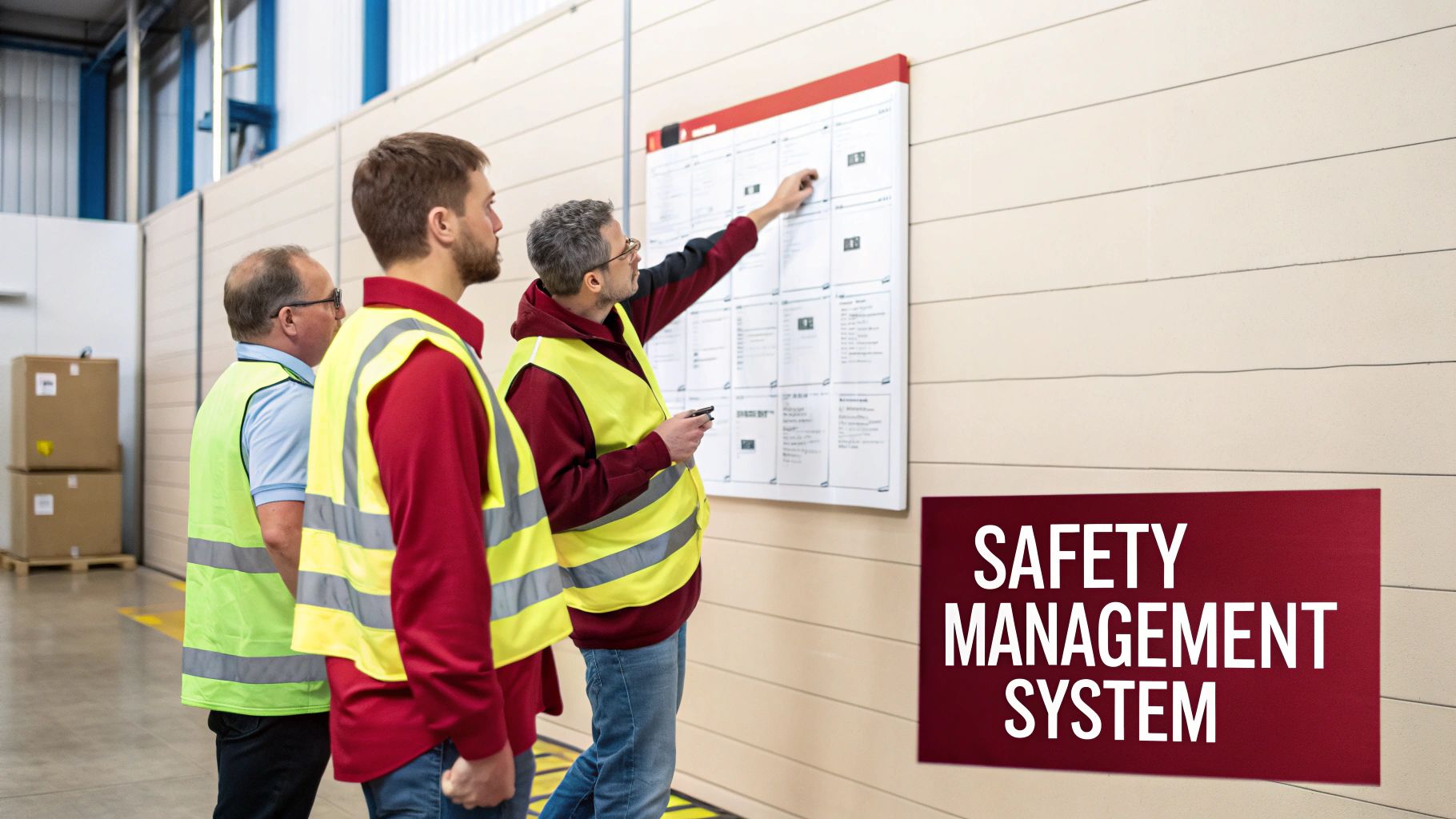 Three men in safety vests review a safety management system board in a industrial setting.