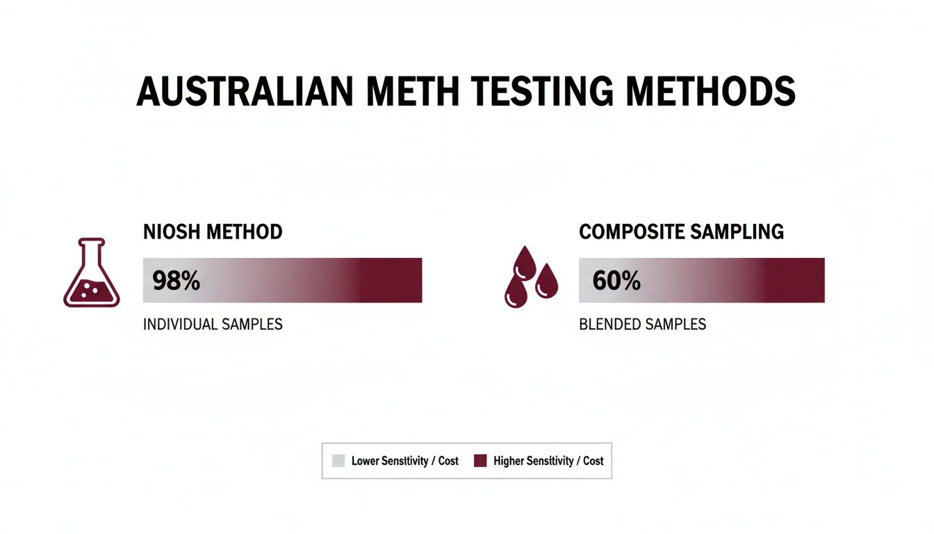 Infographic comparing Australian meth testing methods: NIOSH (98% sensitivity) and Composite Sampling (60% sensitivity).