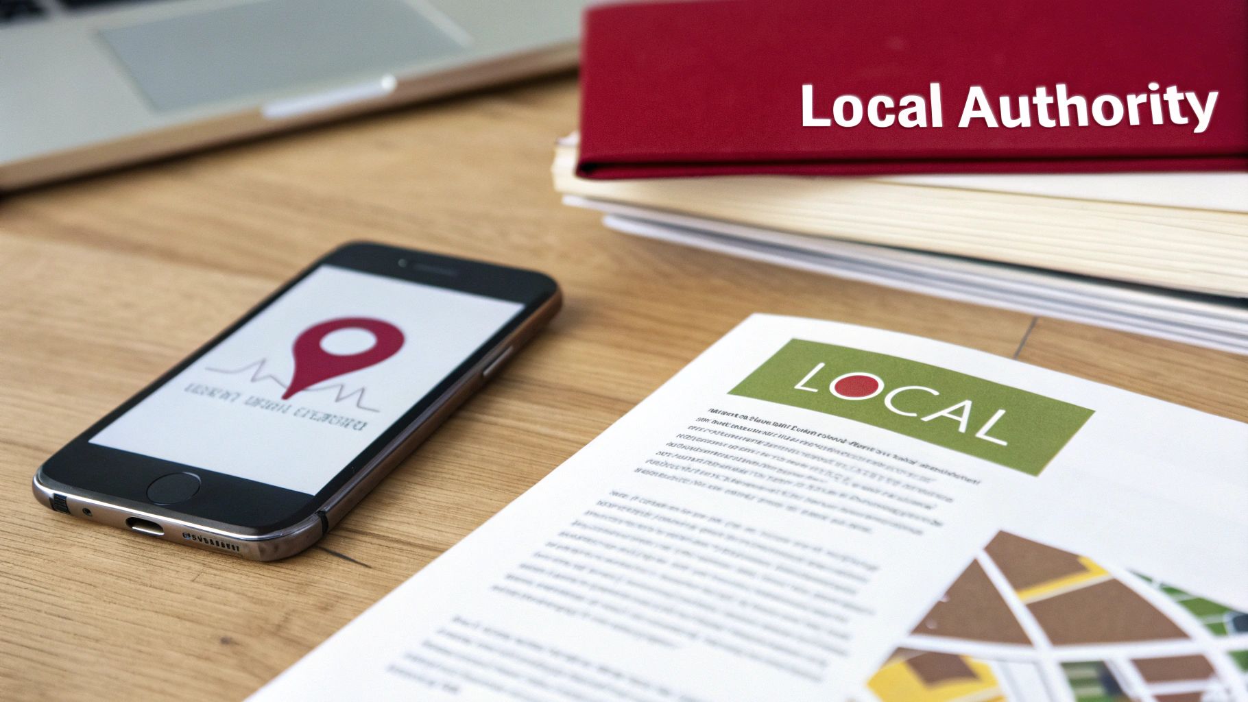 A smartphone with a map pin app, a document titled 'LOCAL', and books labeled 'Local Authority' on a wooden desk.