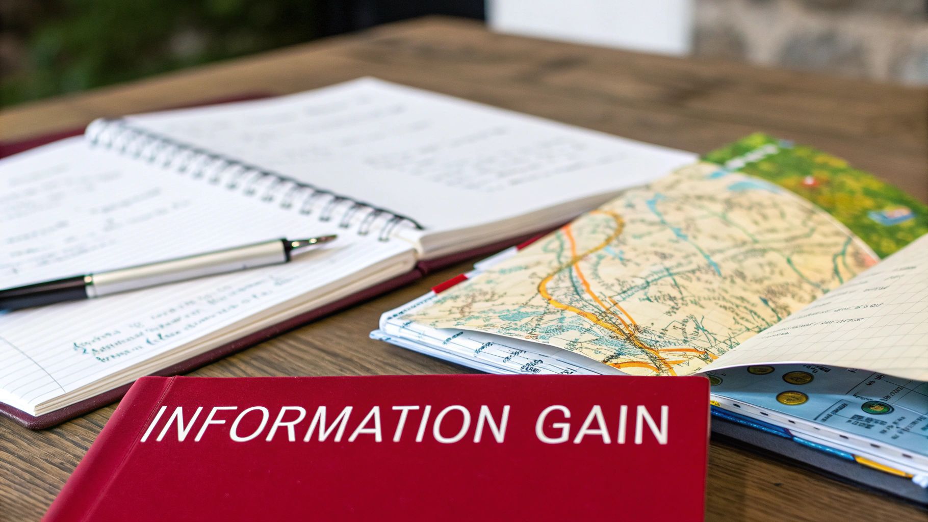 A red book titled 'INFORMATION GAIN' on a wooden table, surrounded by open notebooks, a pen, and a map.