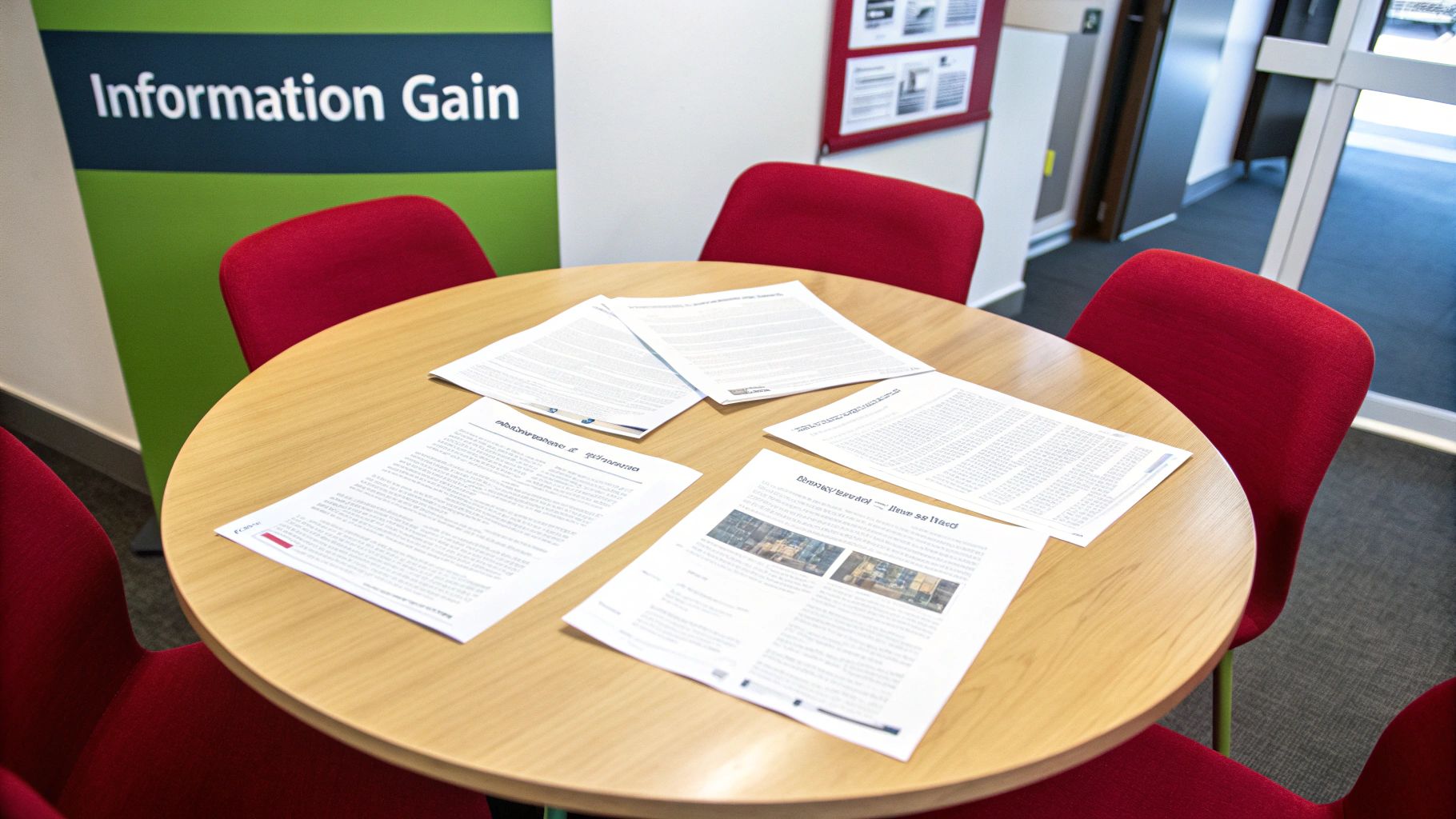 A round wooden table with red chairs and documents, with an 'Information Gain' banner.