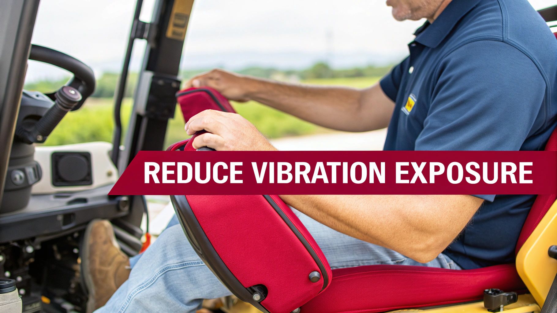 A man operates heavy machinery with red armrests, with text 'REDUCE VIBRATION EXPOSURE' emphasizing safety.