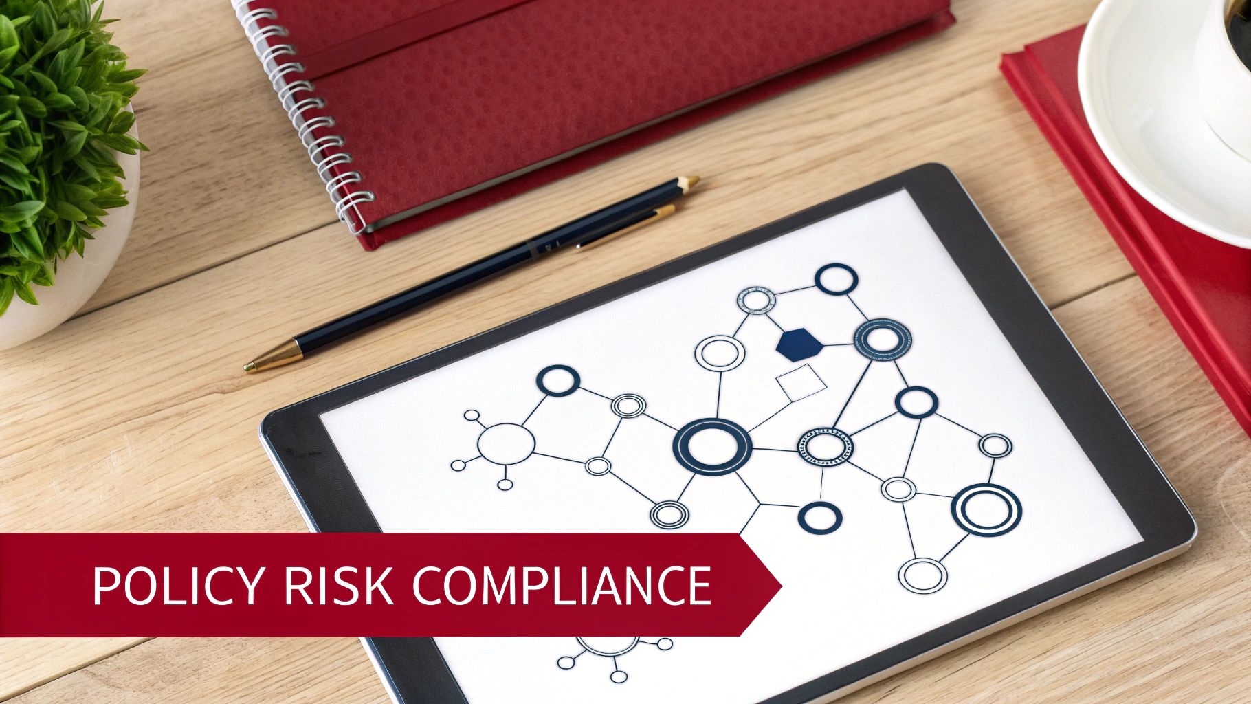 A flat lay of a desk with a tablet showing a network, a notebook, pen, and a banner reading 'POLICY RISK COMPLIANCE'.