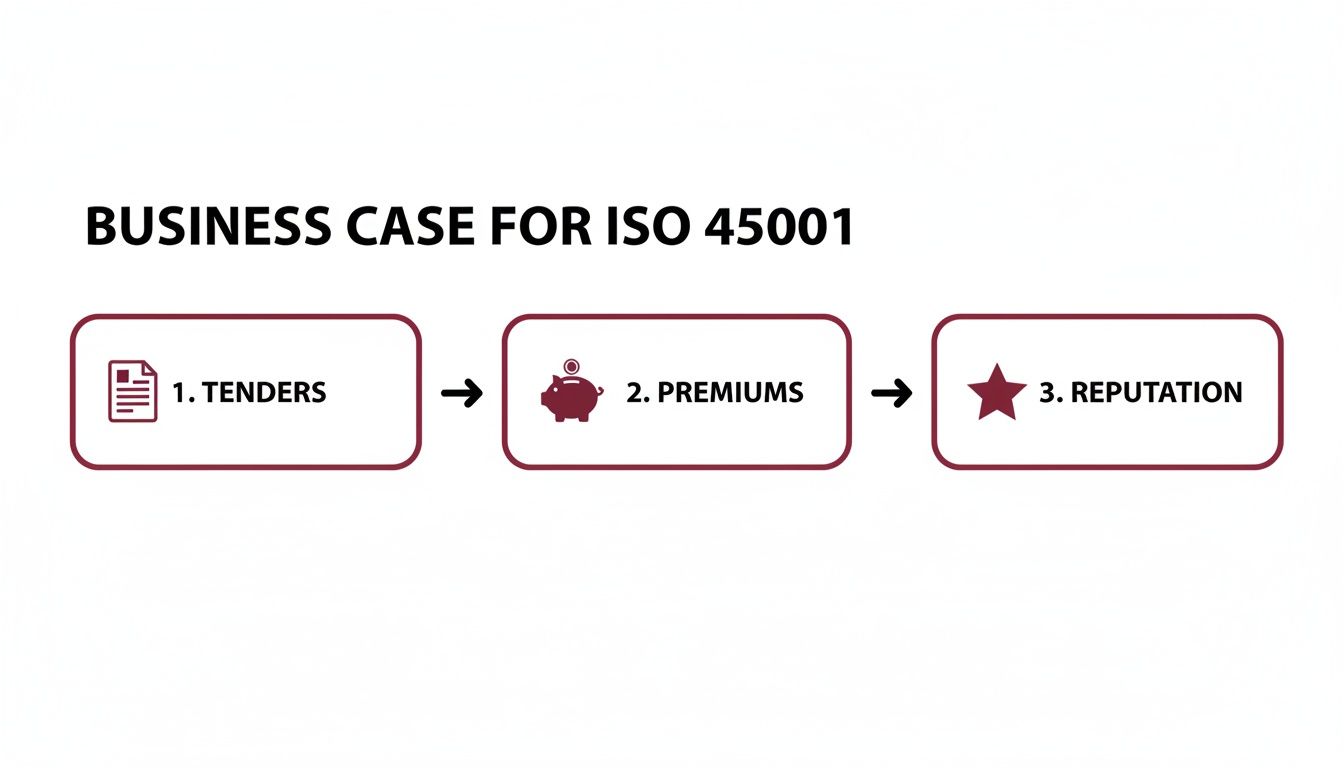 Flow diagram showing the business case for ISO 45001, linking tenders, premiums, and reputation.