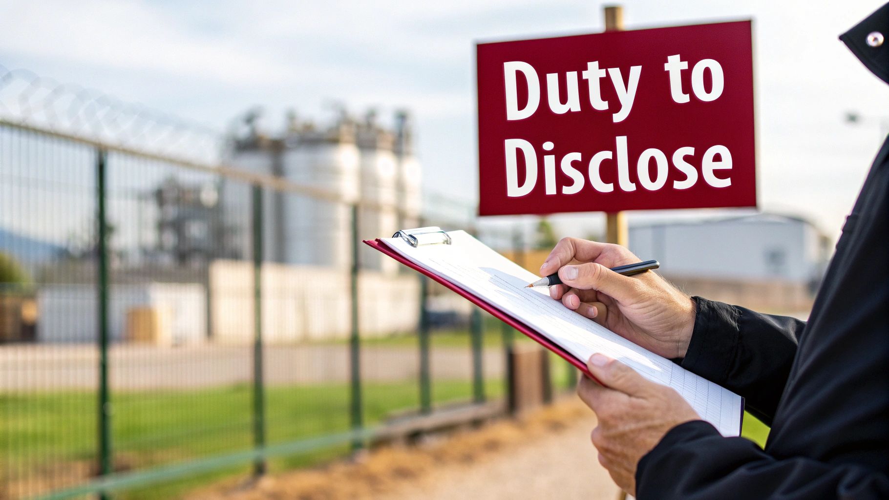 Man writing on a clipboard, with a prominent 'Duty to Disclose' sign and industrial background.