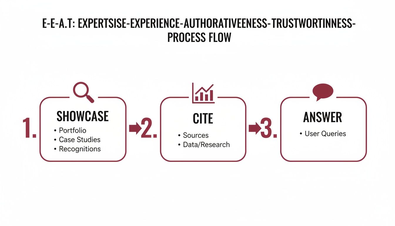 A process flow diagram detailing E-E-A.T. (Expertise, Experience, Authoritativeness, Trustworthiness) with steps: Showcase, Cite, Answer.