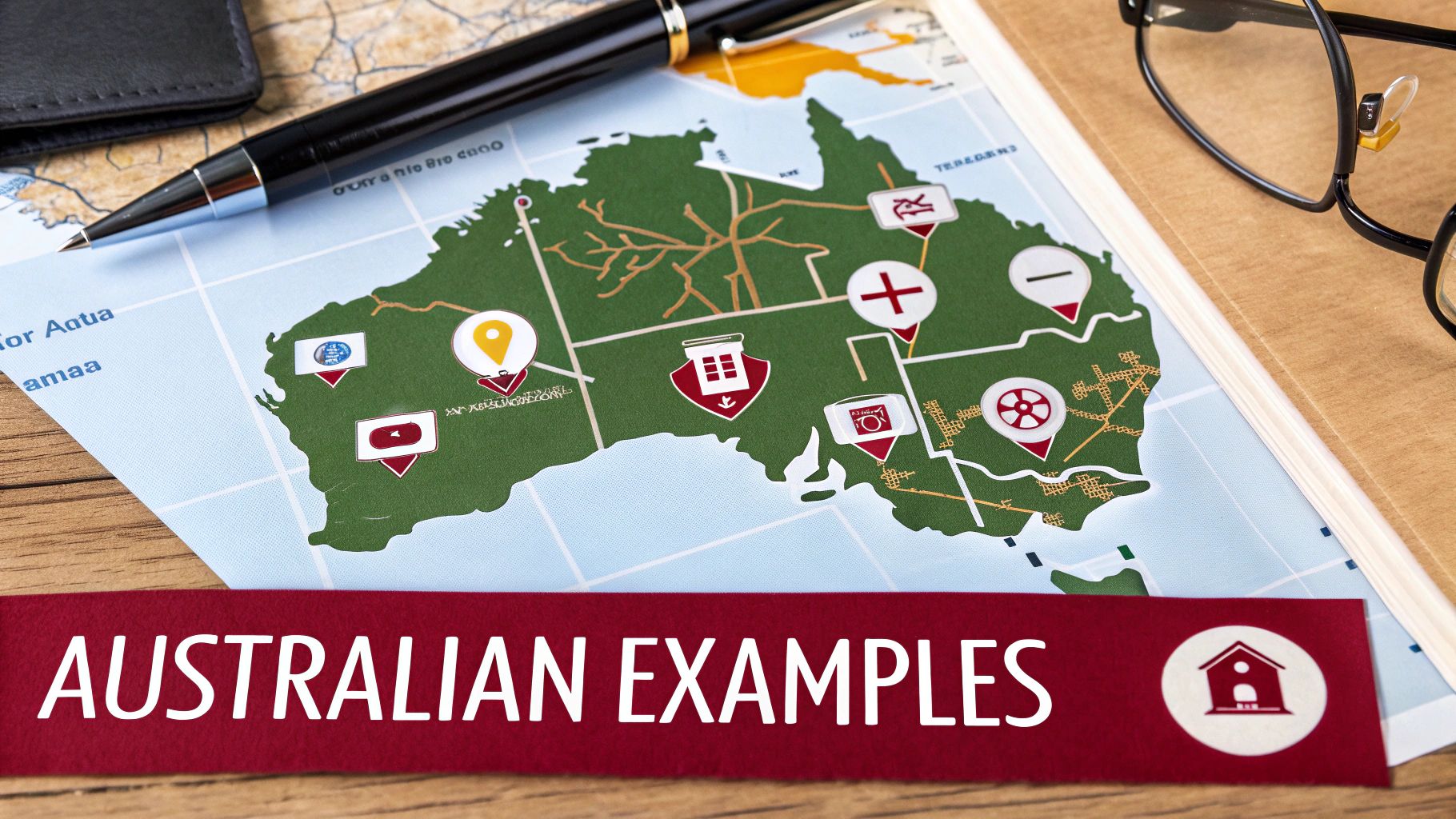 A detailed map of Australia with multiple pins, a pen, and a banner reading 'Australian Examples'.