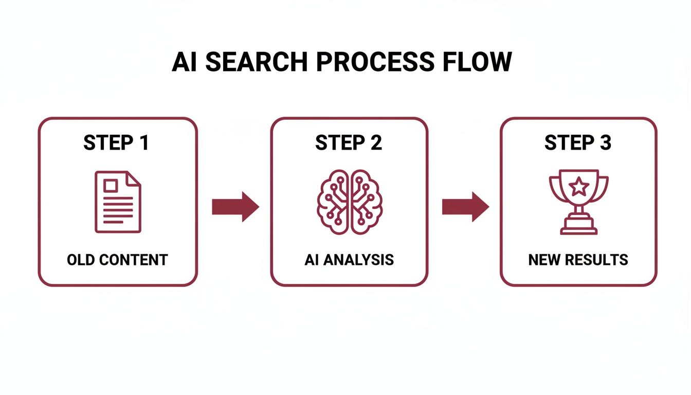 Flowchart showing an AI search process: old content moves to AI analysis, then to new results.