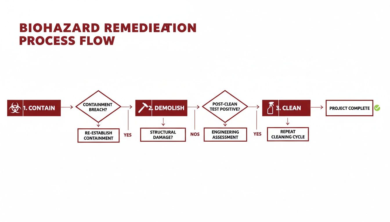 Biohazard remediation process flow chart detailing containment, demolition, and cleaning stages with decision points.