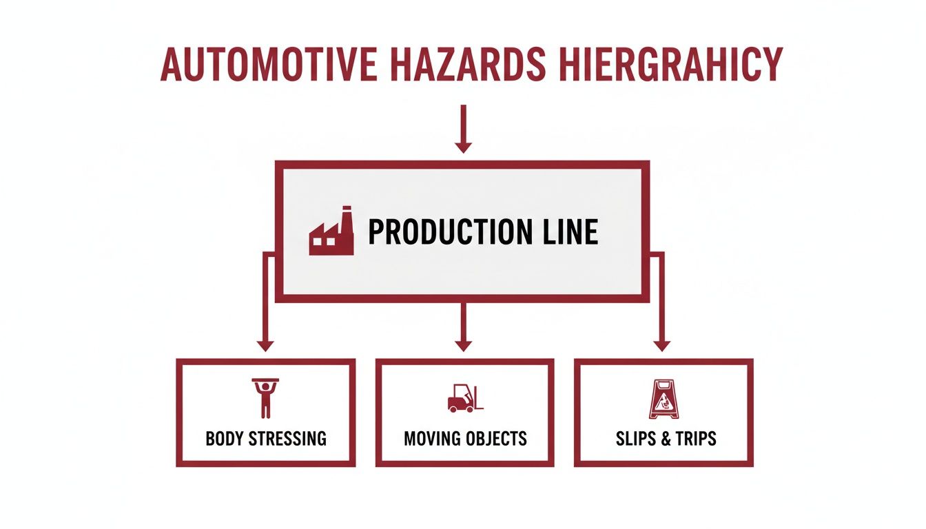 Automotive hazards hierarchy diagram detailing production line risks: body stressing, moving objects, and slips & trips.
