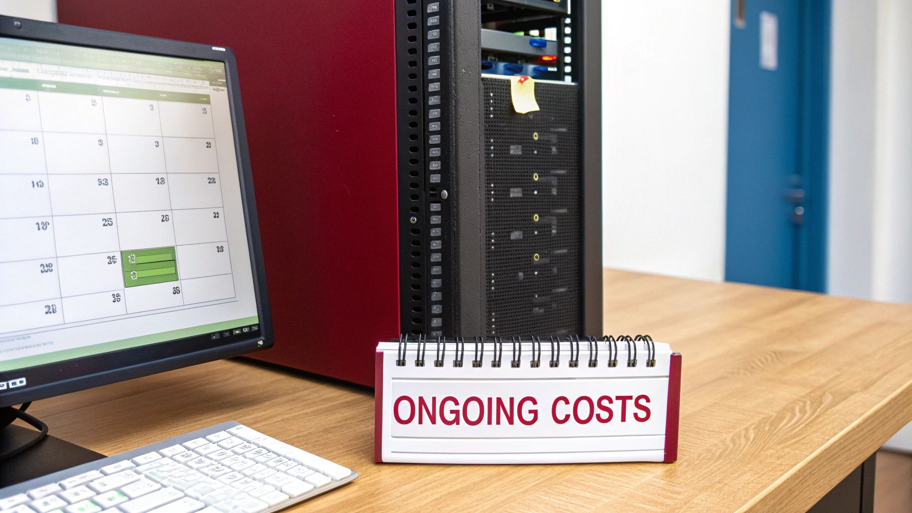 A desktop monitor displays a calendar next to server racks and a sign reading 'ONGOING COSTS'.