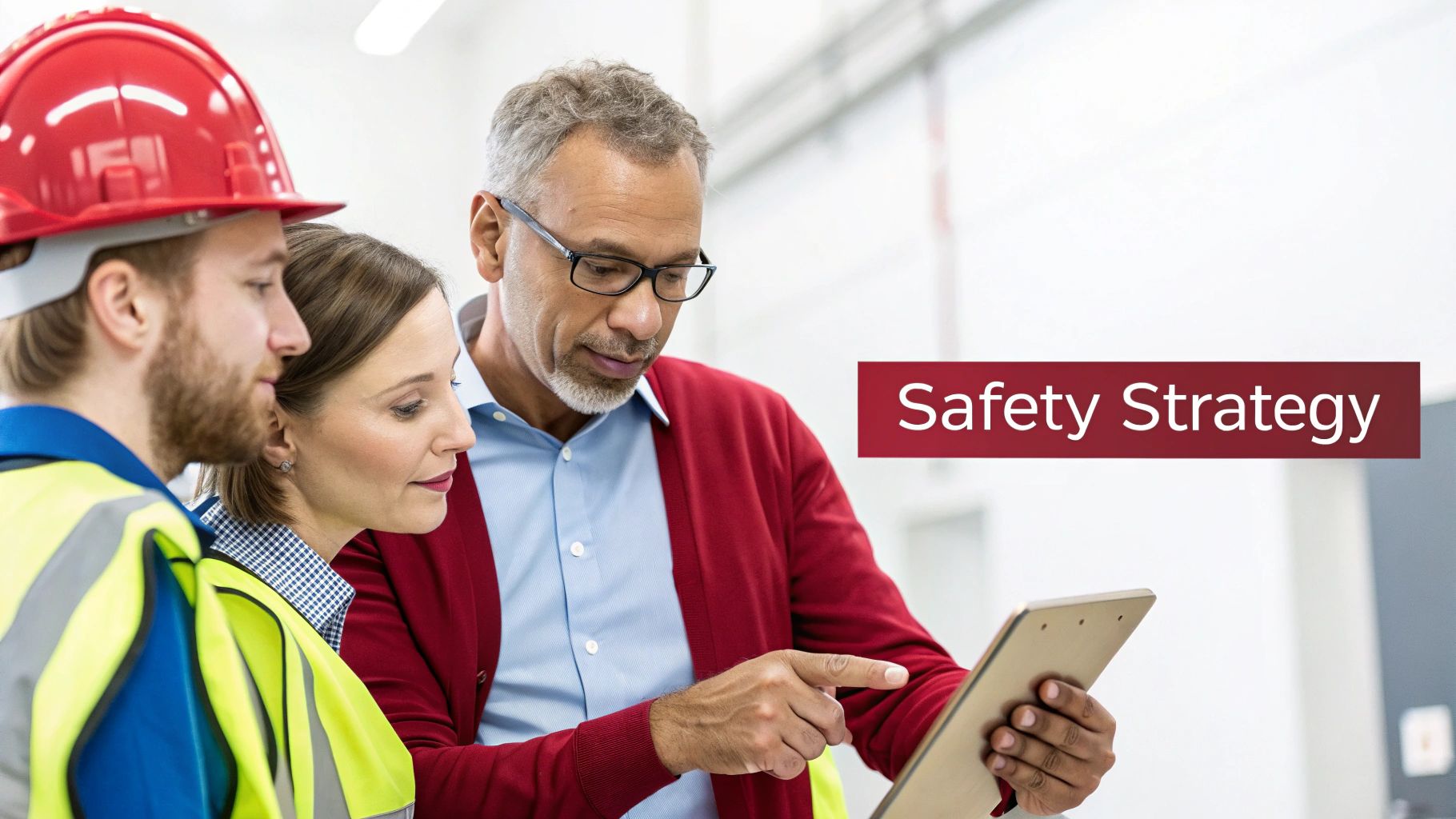 Three diverse professionals, including a worker in a hard hat, discussing a safety strategy on a clipboard.